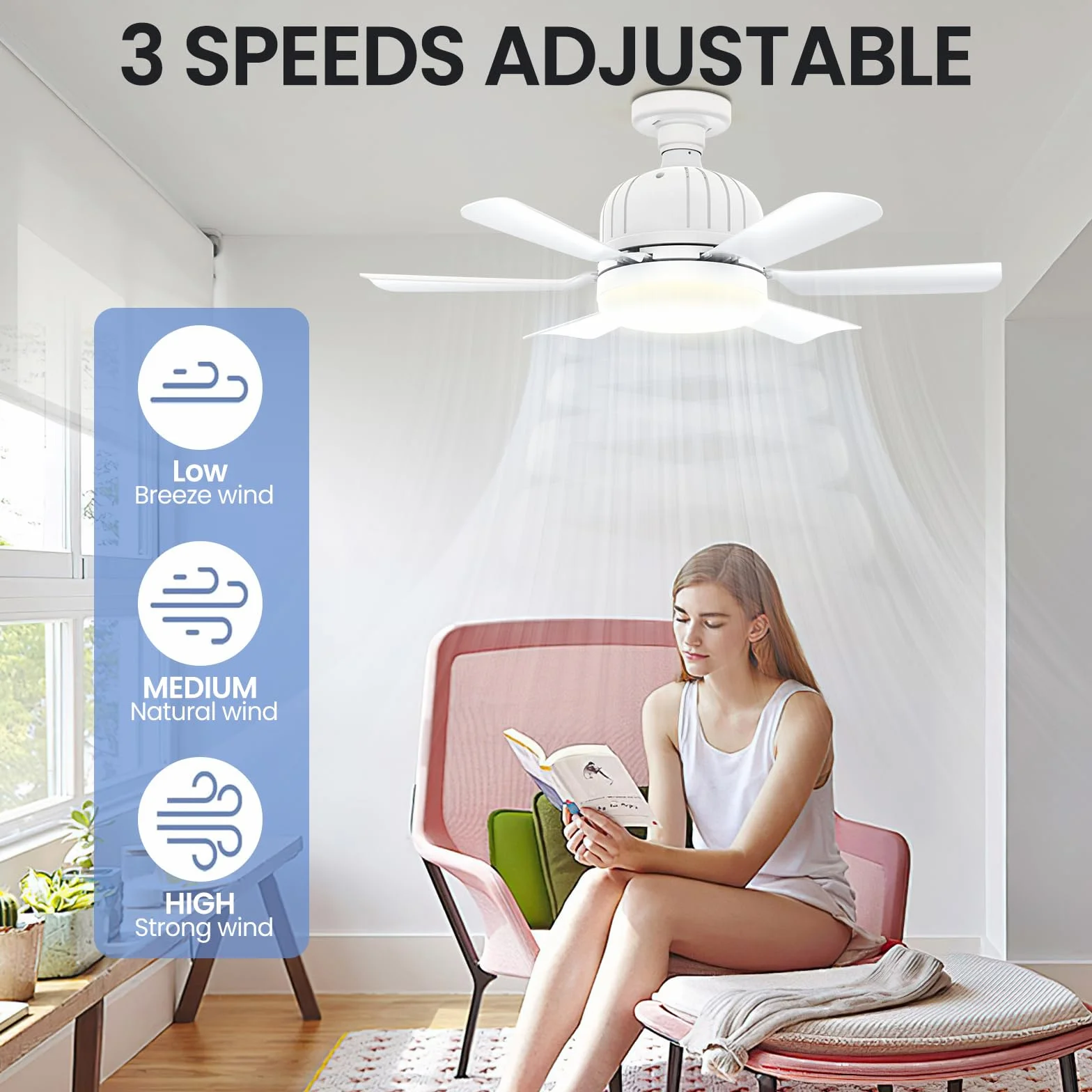 Ventilateur de plafond avec lumière et télécommande 46 cm E27 LED dimmable 3 vitesses minuterie 2/4h blanc