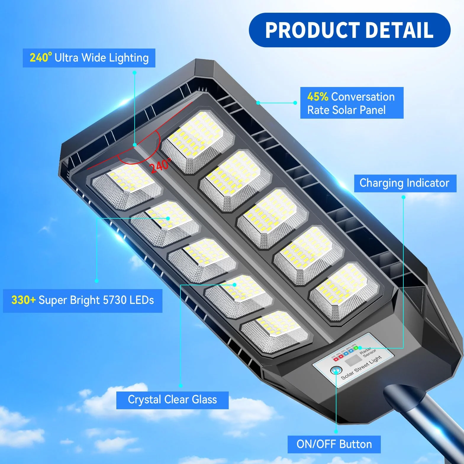 Adewalk Lampadaire solaire LED extérieur IP66 étanche avec télécommande capteur de mouvement 6500K