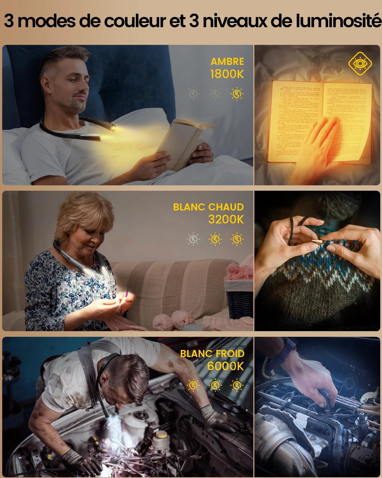 Glocusent Lampe de Lecture de Cou Rechargeable, 3 Couleurs, 3 Niveaux de Luminosité, 80 Heures, Minuterie 30 Minutes