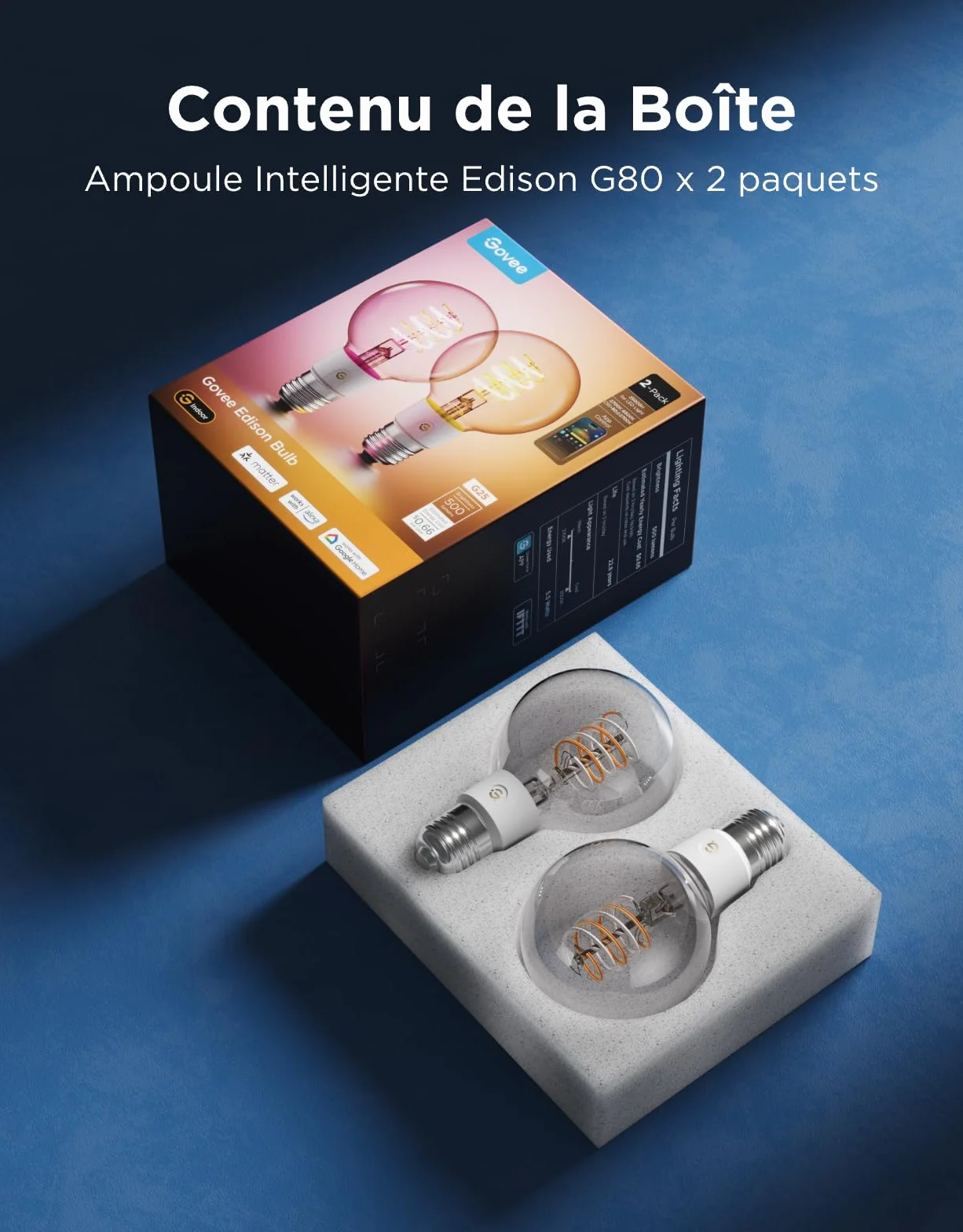 Govee Ampoule Connectée Edison E27 Lampe LED Vintage RGBWW G80 Compatible Matter Google Assistant Dimmable Lot de 2