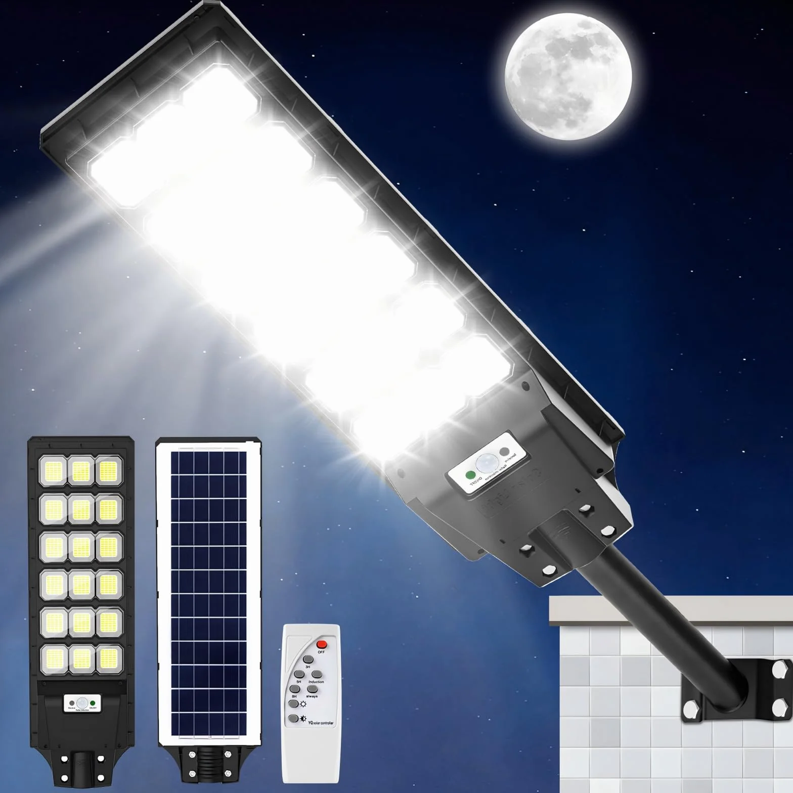 Lampadaire Solaire LED 600W Extérieur IP65 Étanche 6500K Détecteur de Mouvement