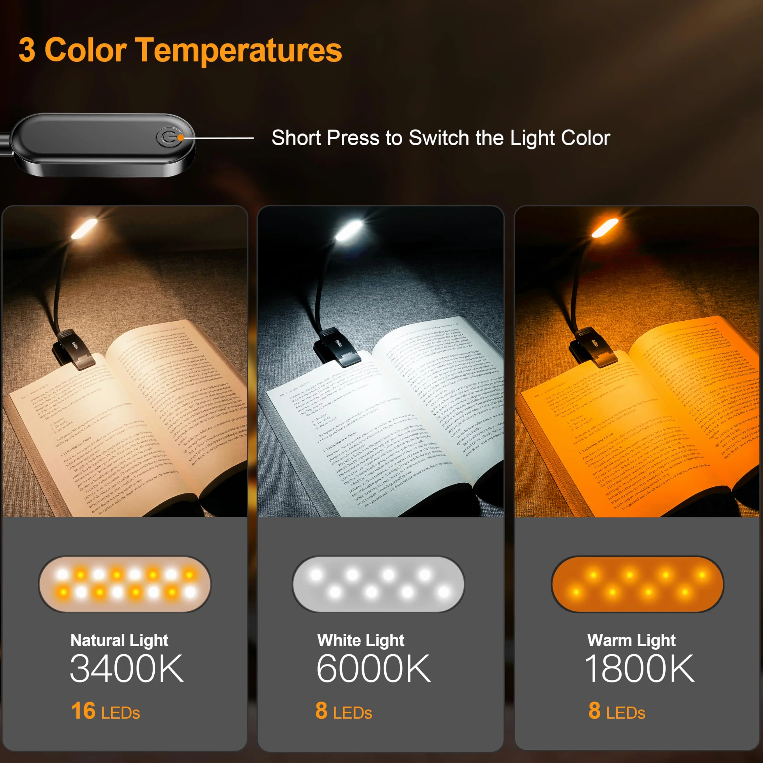 Gritin Lampe de Lecture 16 LED Rechargeable, Gradation Progressive, 3 Modes Protection des Yeux, 360° Cou Flexible