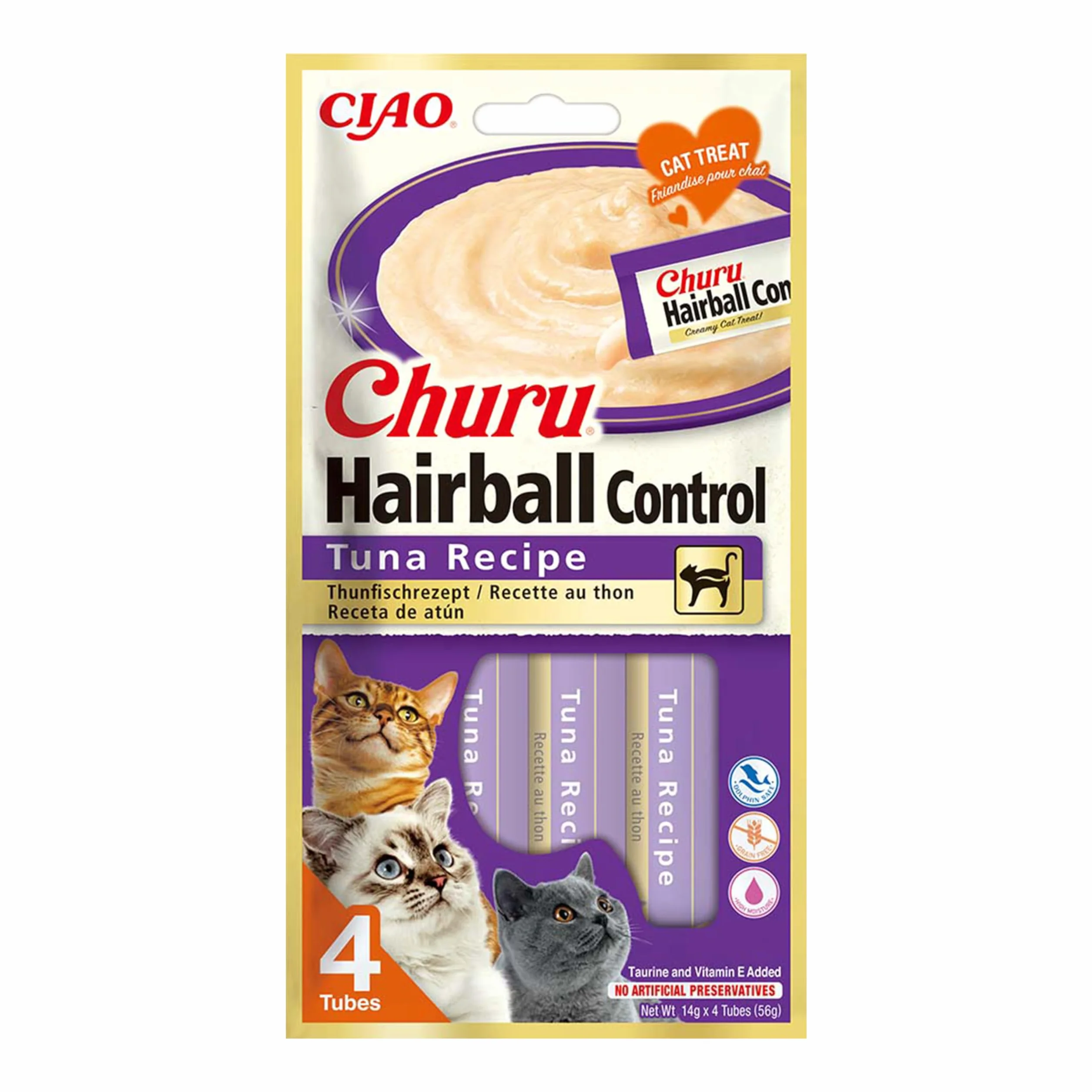 Churu Hairball Control Friandises pour Chats Thon 4x14g Prévention Boules de Poils Digestion Saine