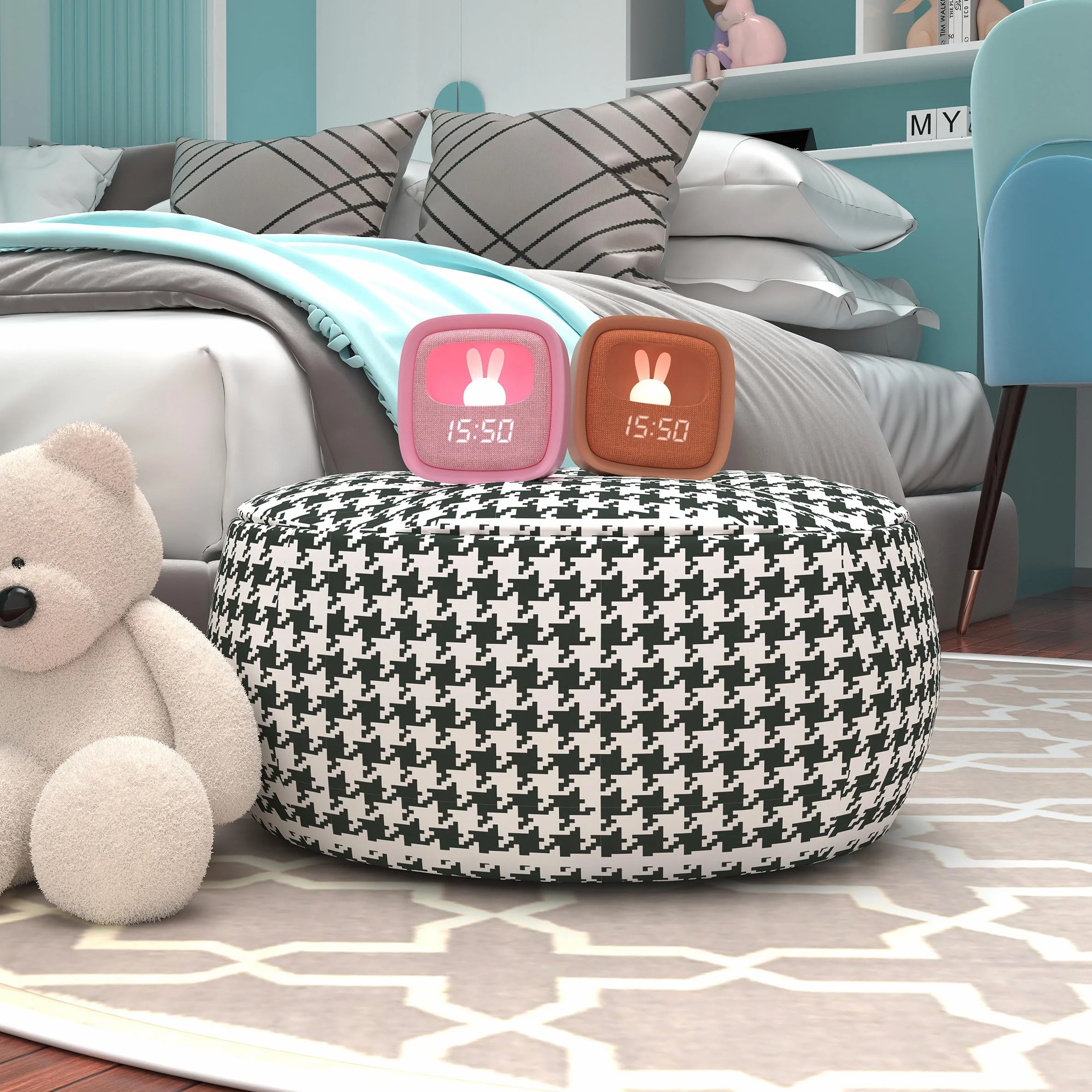 Billy Clock Réveil Veilleuse Enfant Lapin Tissu Plastique Soft-Touch Programmation Date Heure 3 Alarmes Marron