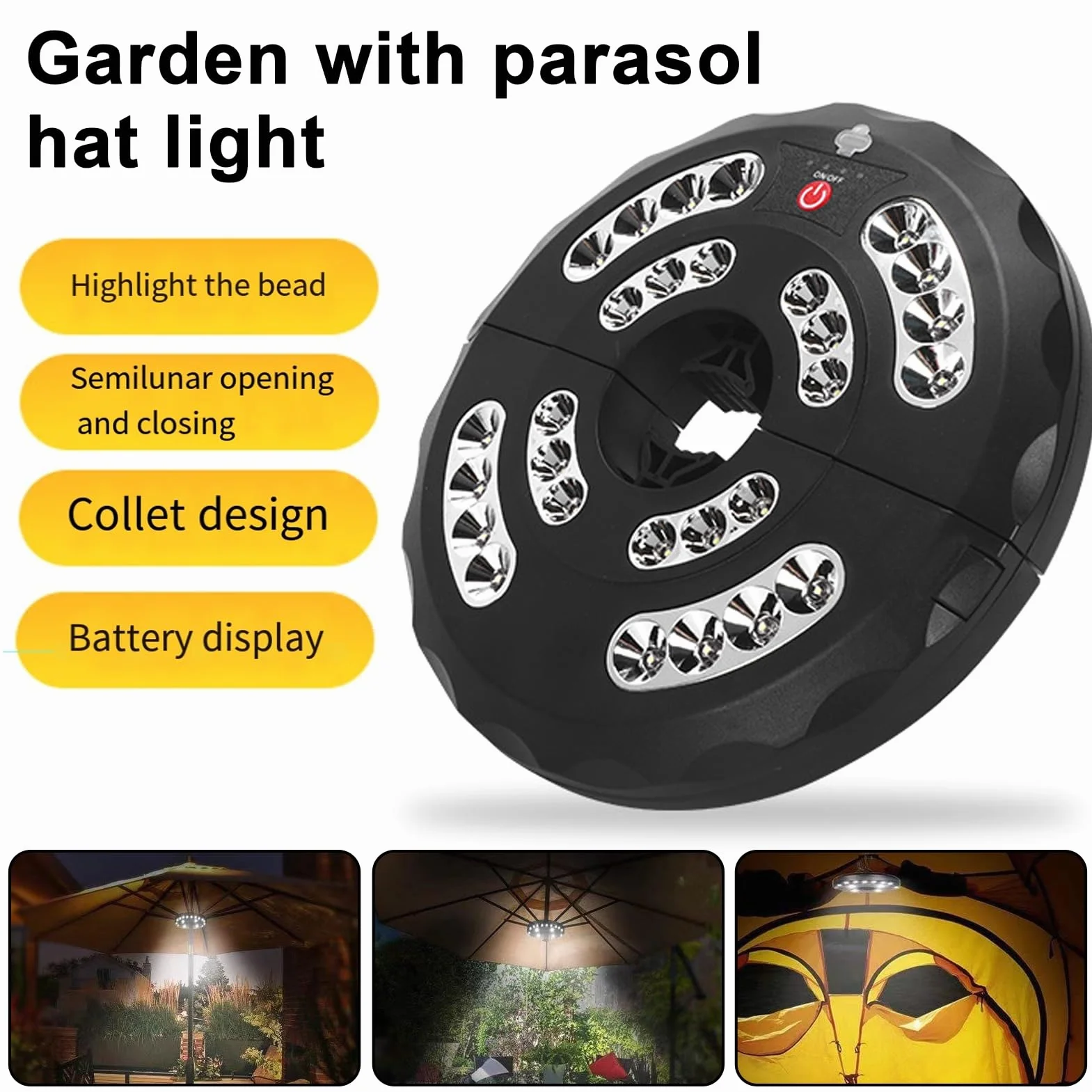 Lampe LED parasol patio rechargeable Type-C super lumineux extérieur Noir
