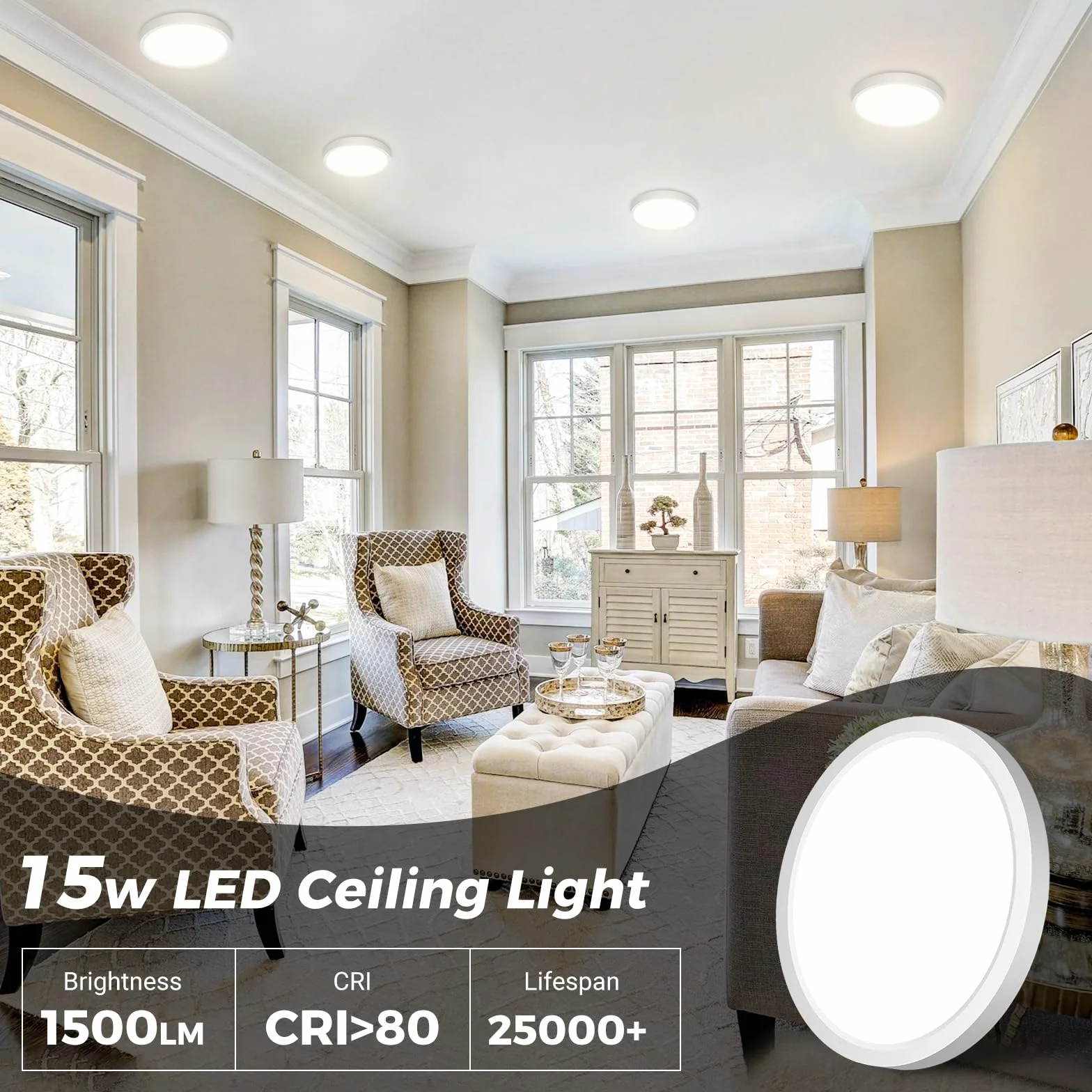 Plafonnier LED 3 Couleurs 3000K 4000K 6500K 15W 1500LM IP44 Etanche Moderne Rond