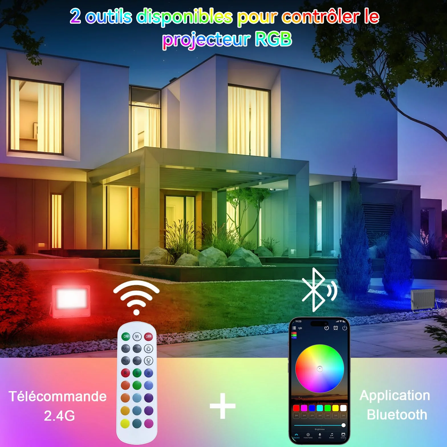 Projecteur LED RGB 100W Extérieur IP66 Étanche avec APP Bluetooth 2.4G Télécommande 10000LM