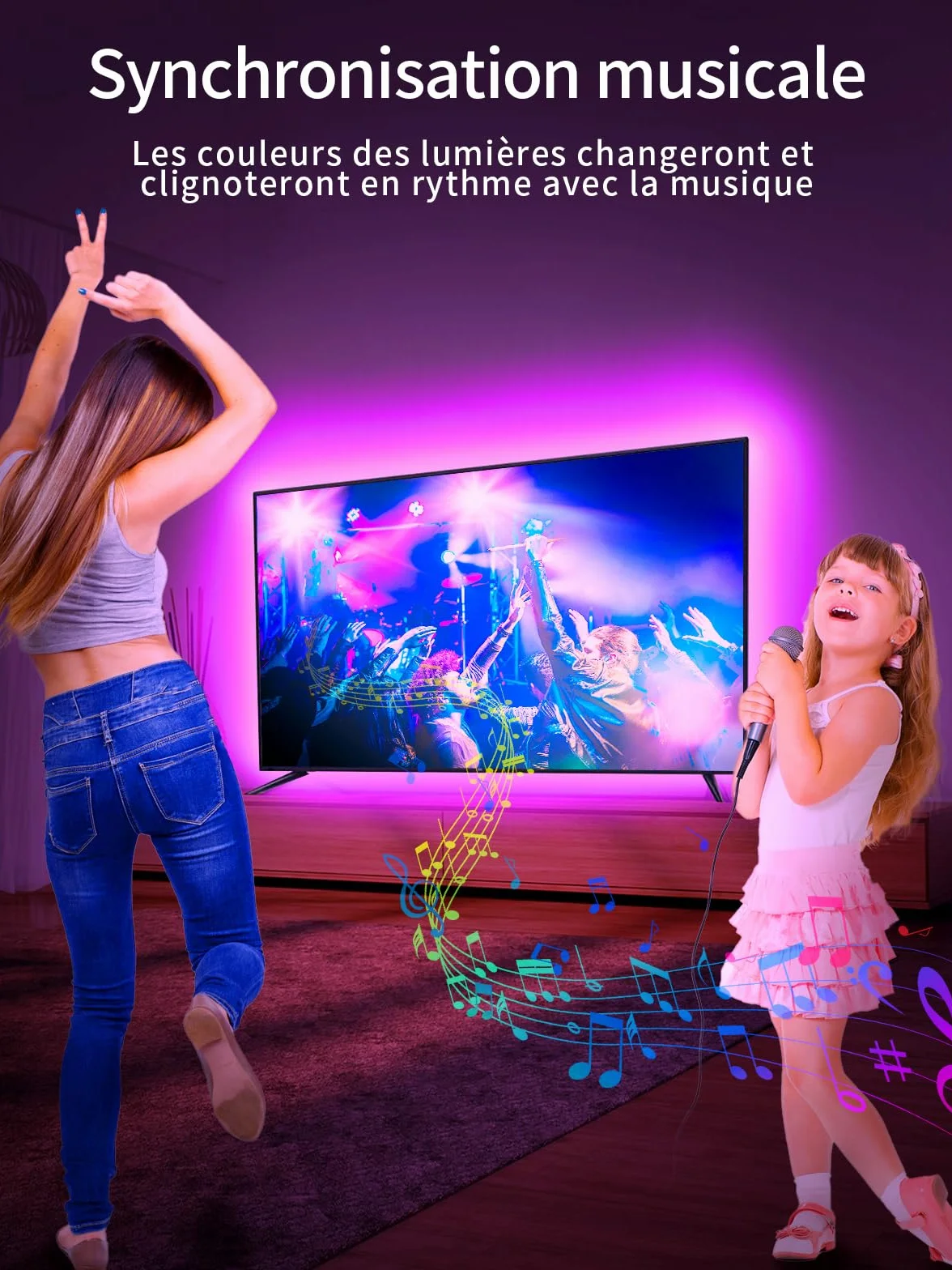 Ruban LED TV 4M pour TV 45"-55" Bluetooth USB alimenté avec télécommande