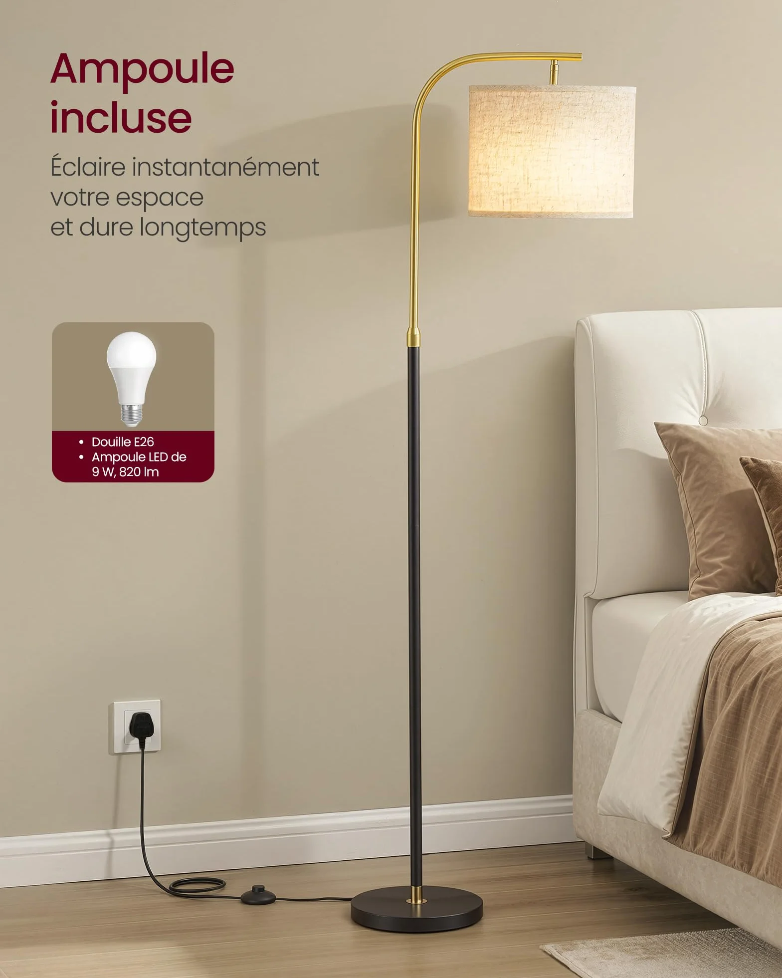 VASAGLE Lampadaire Arc Pied Réglable 150-175 cm E27 Tissu Noir Mat