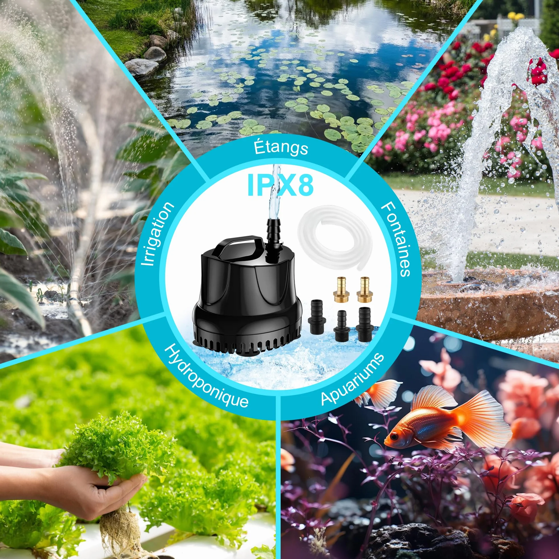 Pompe à Eau Submersible 25W 1500 L/H Ultra Silencieuse pour Bassin Fontaine Jardin avec 5 Buses 1.5M Tuyau