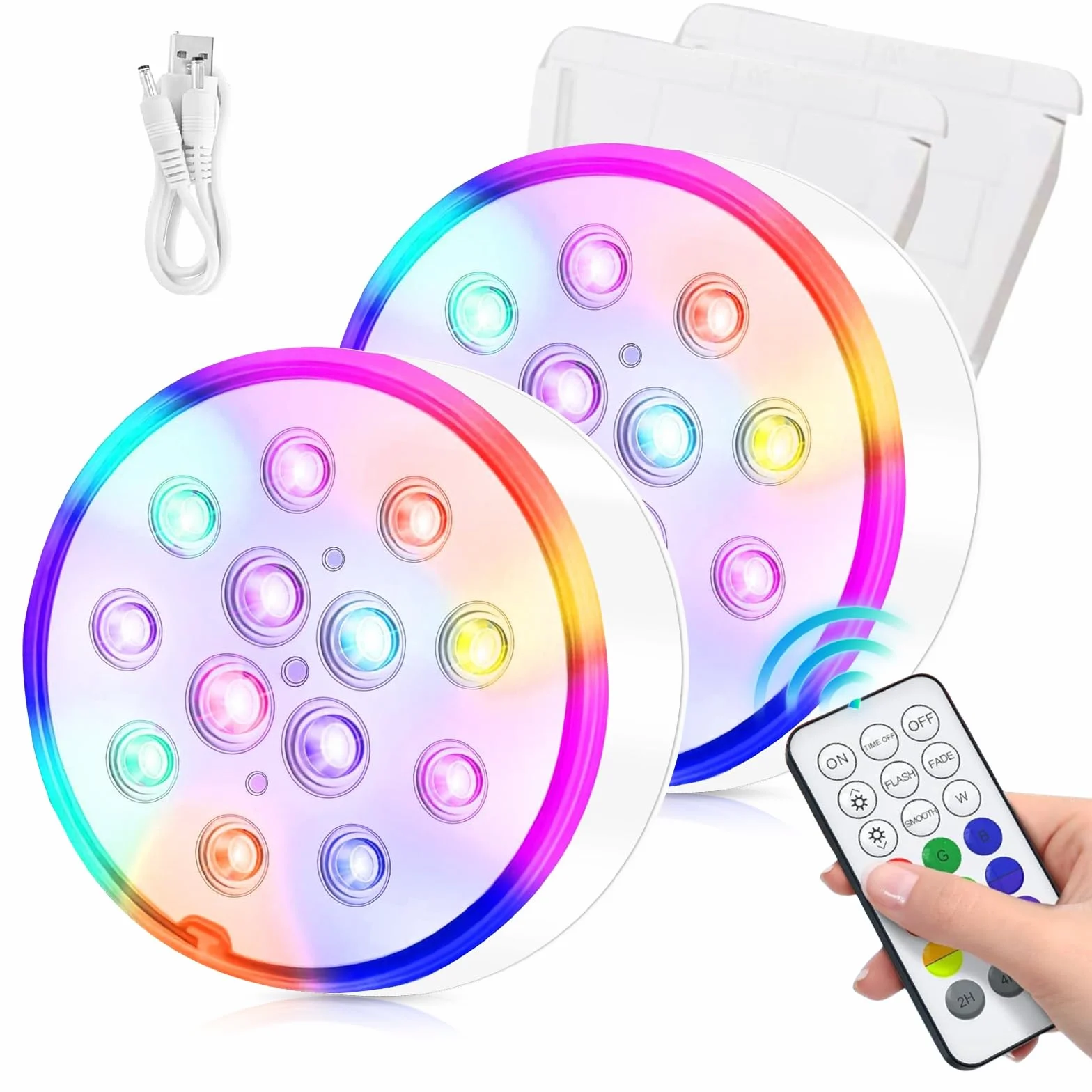 Lumières LED Submersibles Piscine Rechargeables IP68 Étanches Télécommande RF RGB 16 Couleurs 13 LEDs