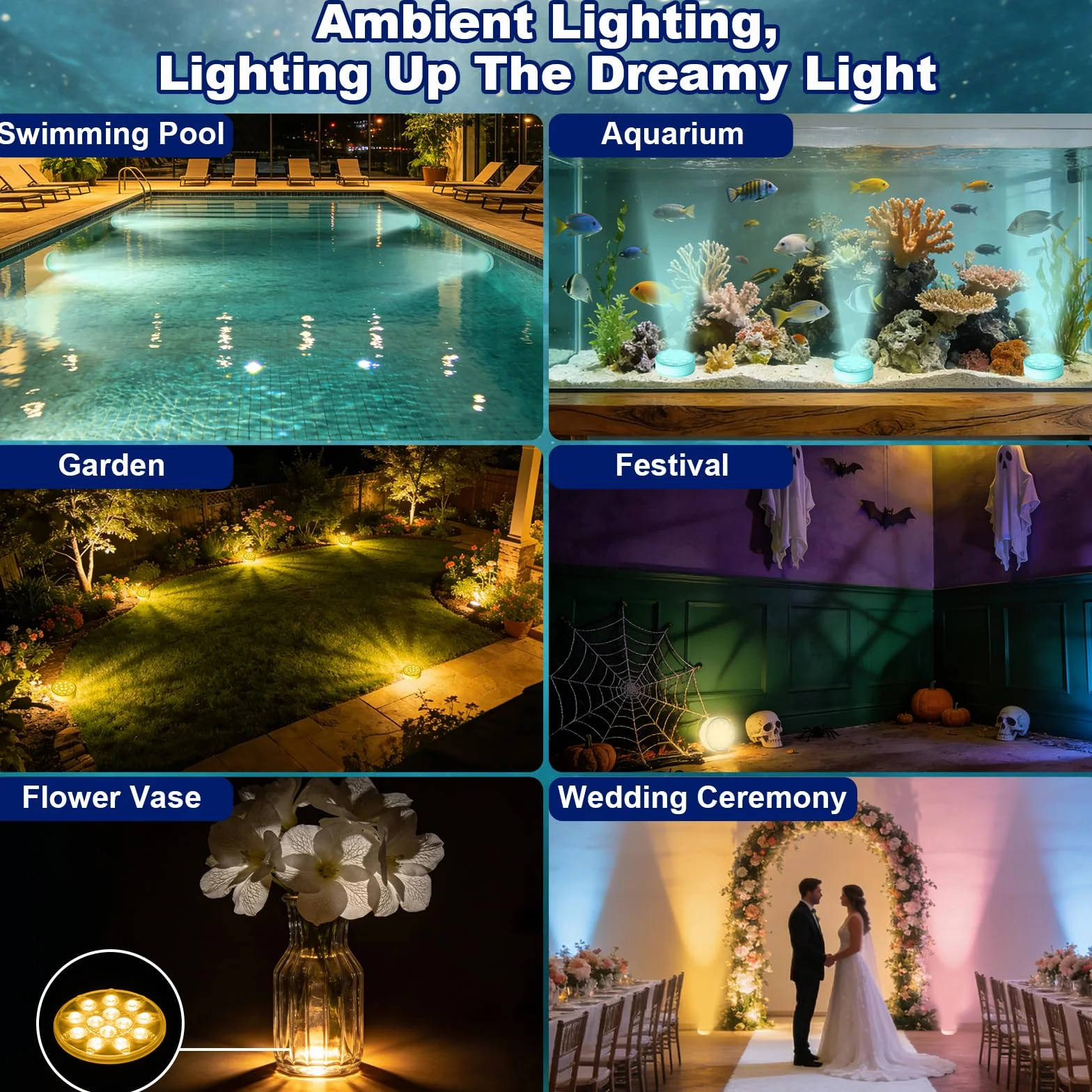 Lumière Submersible LED Rechargeable Piscine 16 Couleurs Aimant IP68 Étanche Télécommande RF