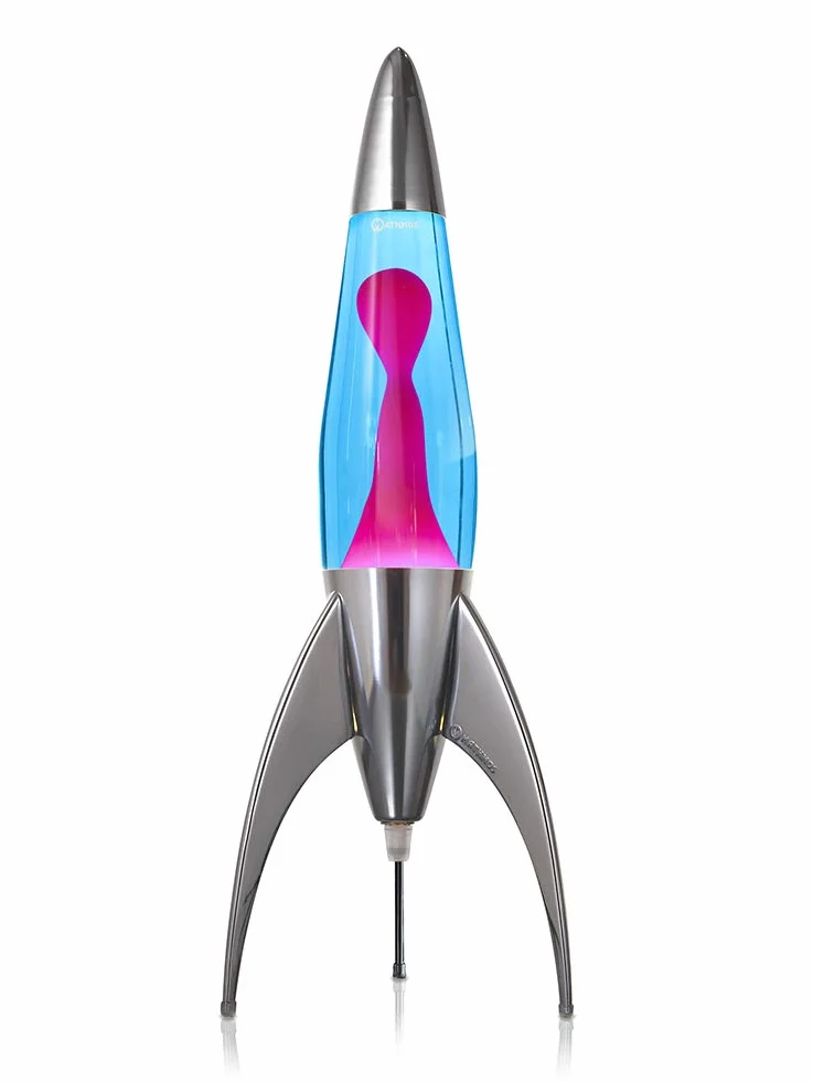 MATHMOS Lampe à lave fusée Telstar argentée bleu rose métal chromé remplie à la main Grande-Bretagne
