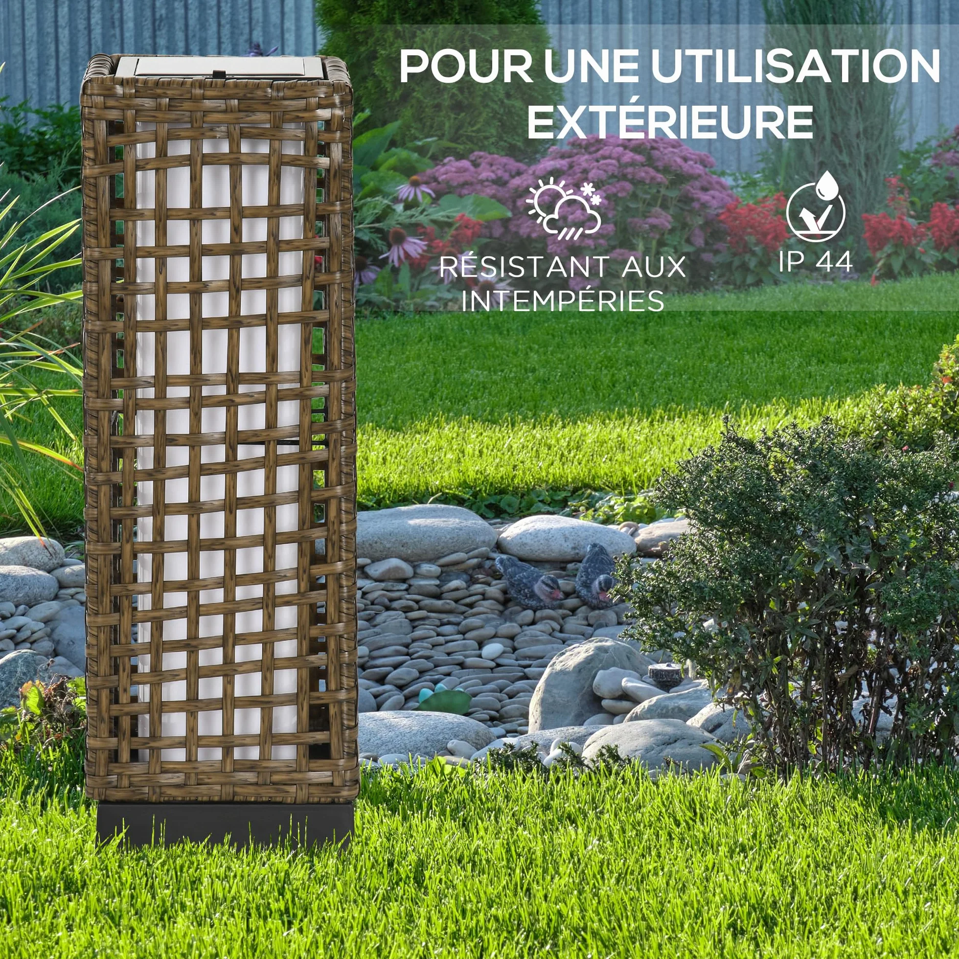 Outsunny Lampadaire solaire extérieur en résine tressée, rechargeable avec capteur, LED, 46 cm, sable