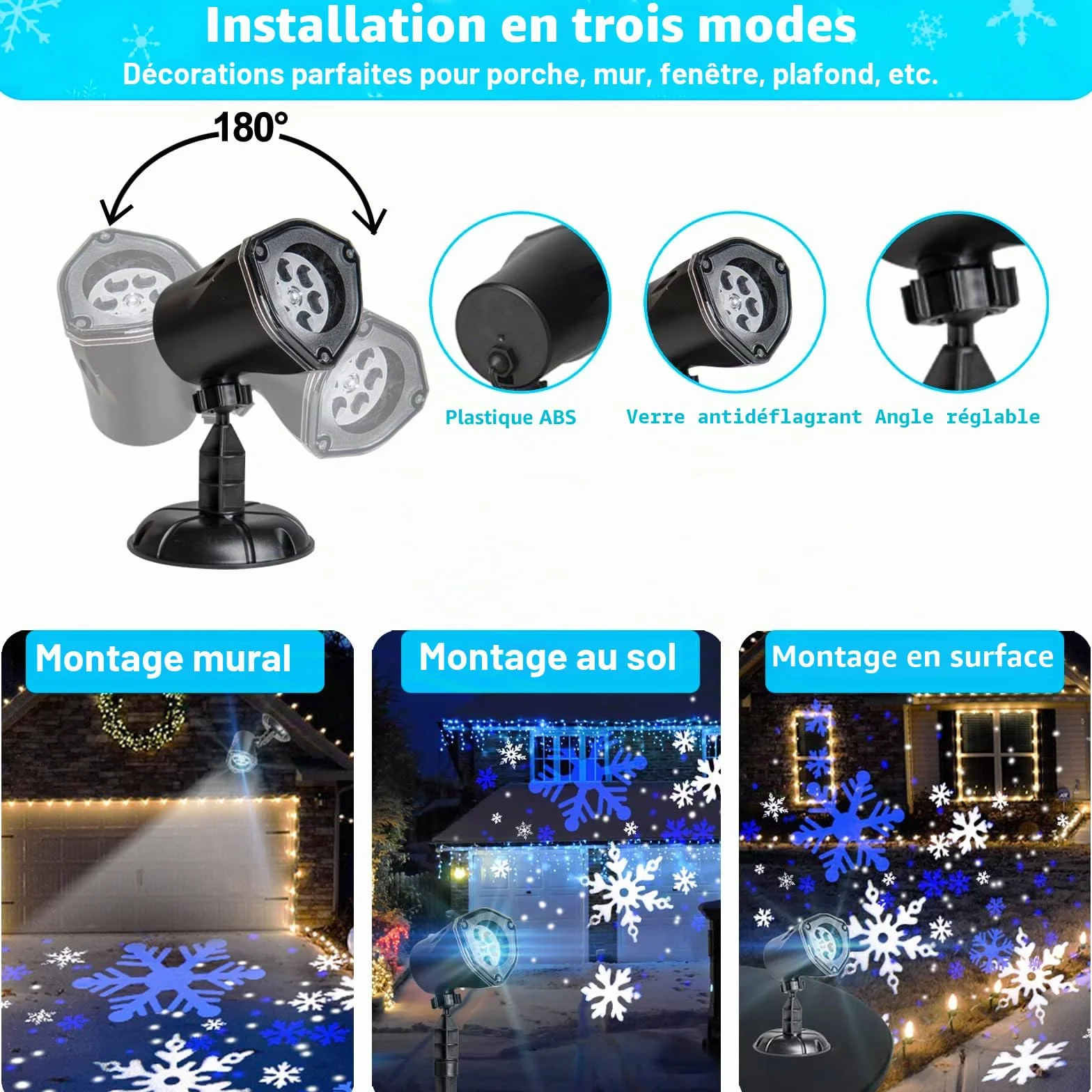EAMBRITE Projecteur LED Noël flocons de neige 3 modes intérieur extérieur