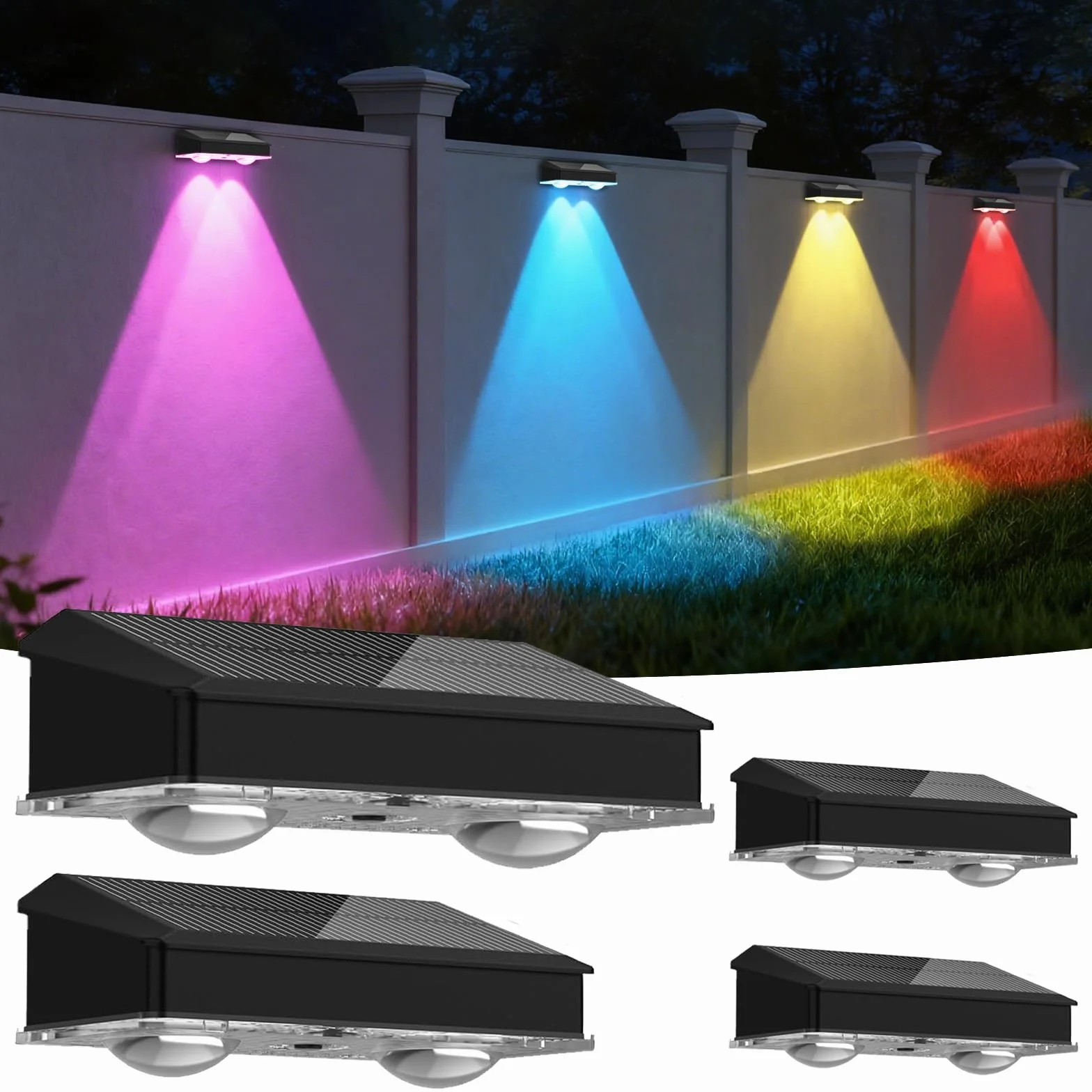 Lampe Solaire Extérieur Jardin Lot de 4, Applique Murale Solaire IP65 Étanche 9 Modes RGB LED