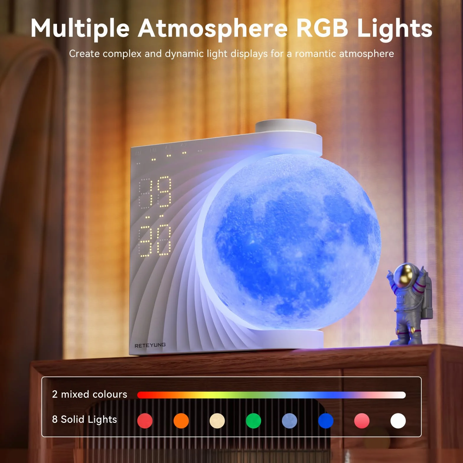 Lampe de Lune avec Réveil Lumineux, 2 Réveils, RGB 8 Couleurs, 10 Sons Naturels, Veilleuse 3 Niveaux