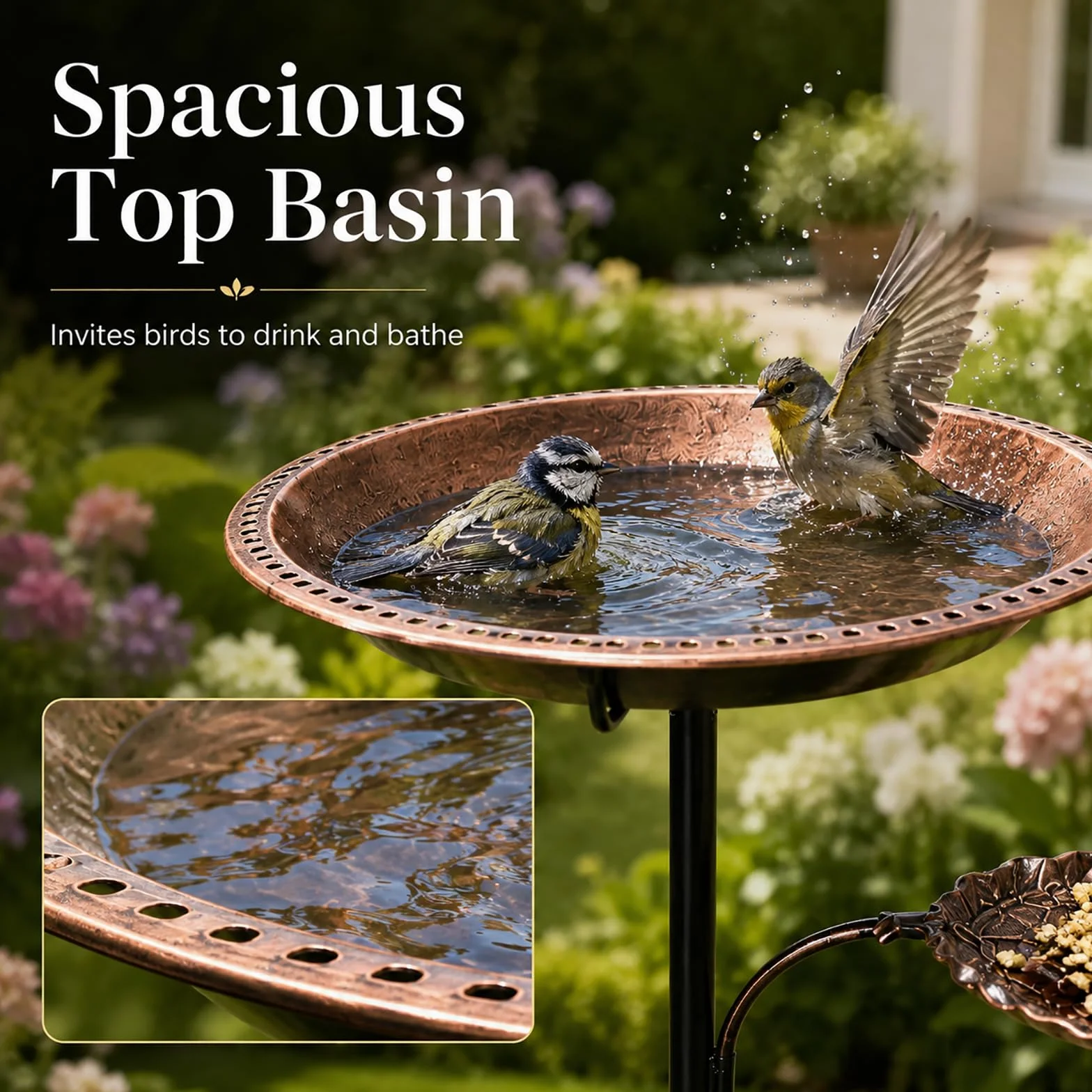 Bain d’Oiseaux en Métal sur Pied Vintage 2 en 1 Mangeoire Abreuvoir pour Jardin Extérieur Cuivre