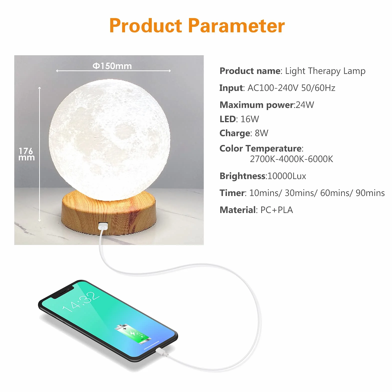 Lampe de luminothérapie 10 000 lux RscCleaner avec télécommande, 3 températures, luminosité réglable, minuterie