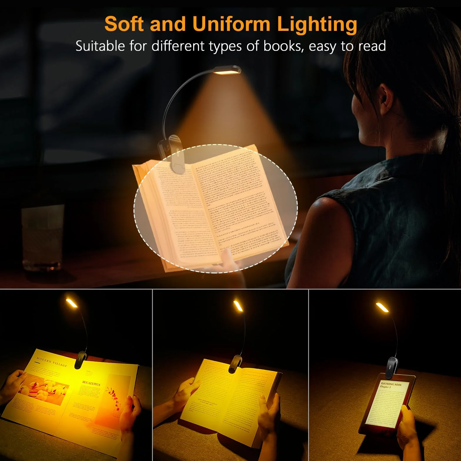 Gritin Lampe de Lecture Rechargeable 11 LED Liseuse Lampe Clip Protection des Yeux 3 Couleurs 3 Niveaux de Luminosité 360° Cou Flexible