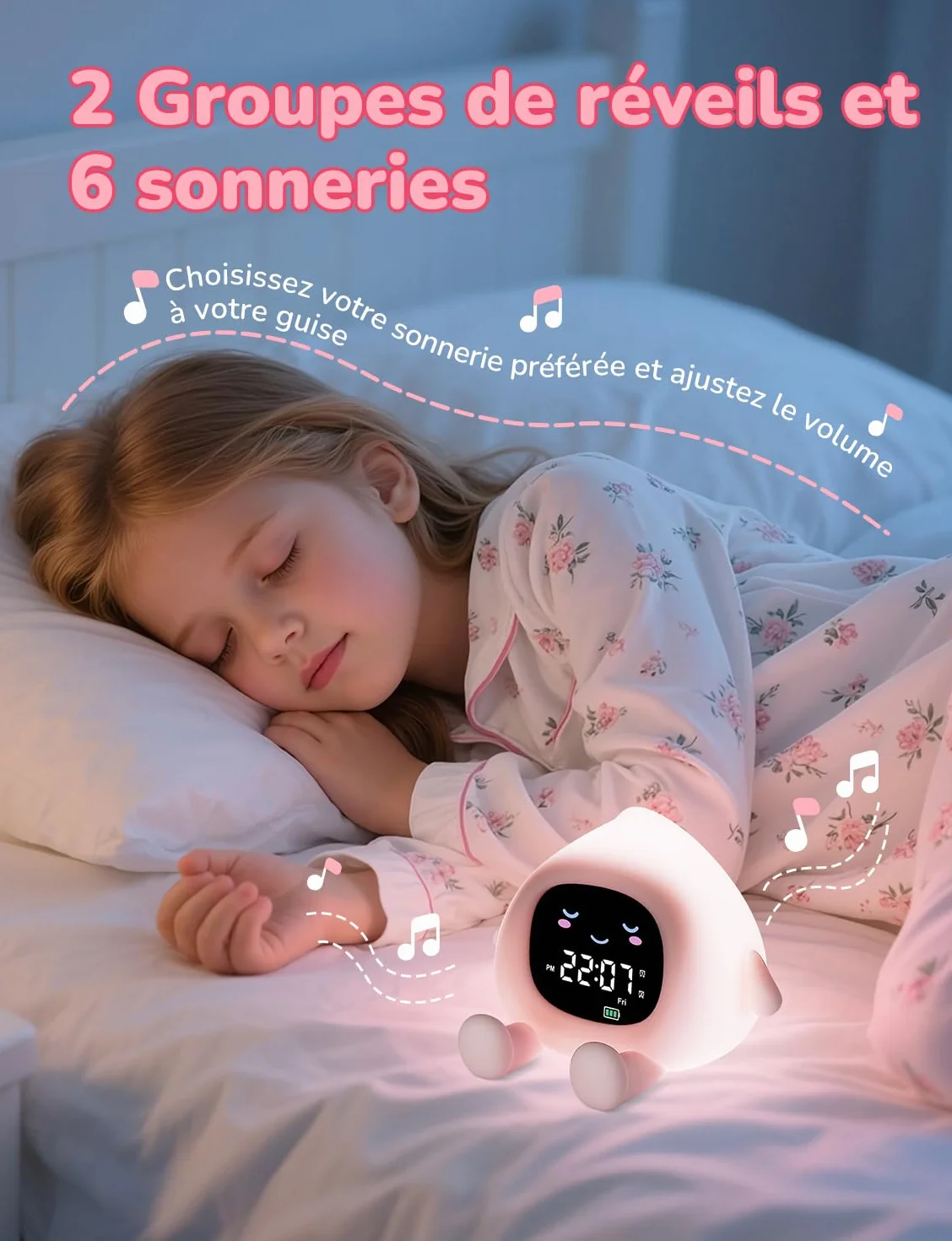 Réveil Enfant Éducatif Jour/Nuit 2 Alarme 7 Couleurs 30s Arrêt Automatique Luminosité Réglable Bruit Blanc 12/24 Heure Snooze 10 Chansons