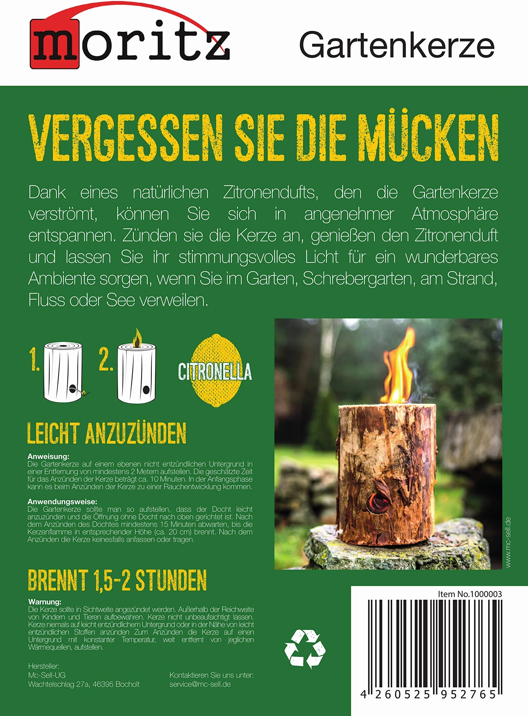 Moritz Lot de 4 feutres suédois torches de jardin odeur citronnelle 25 cm 1,5-2h combustion