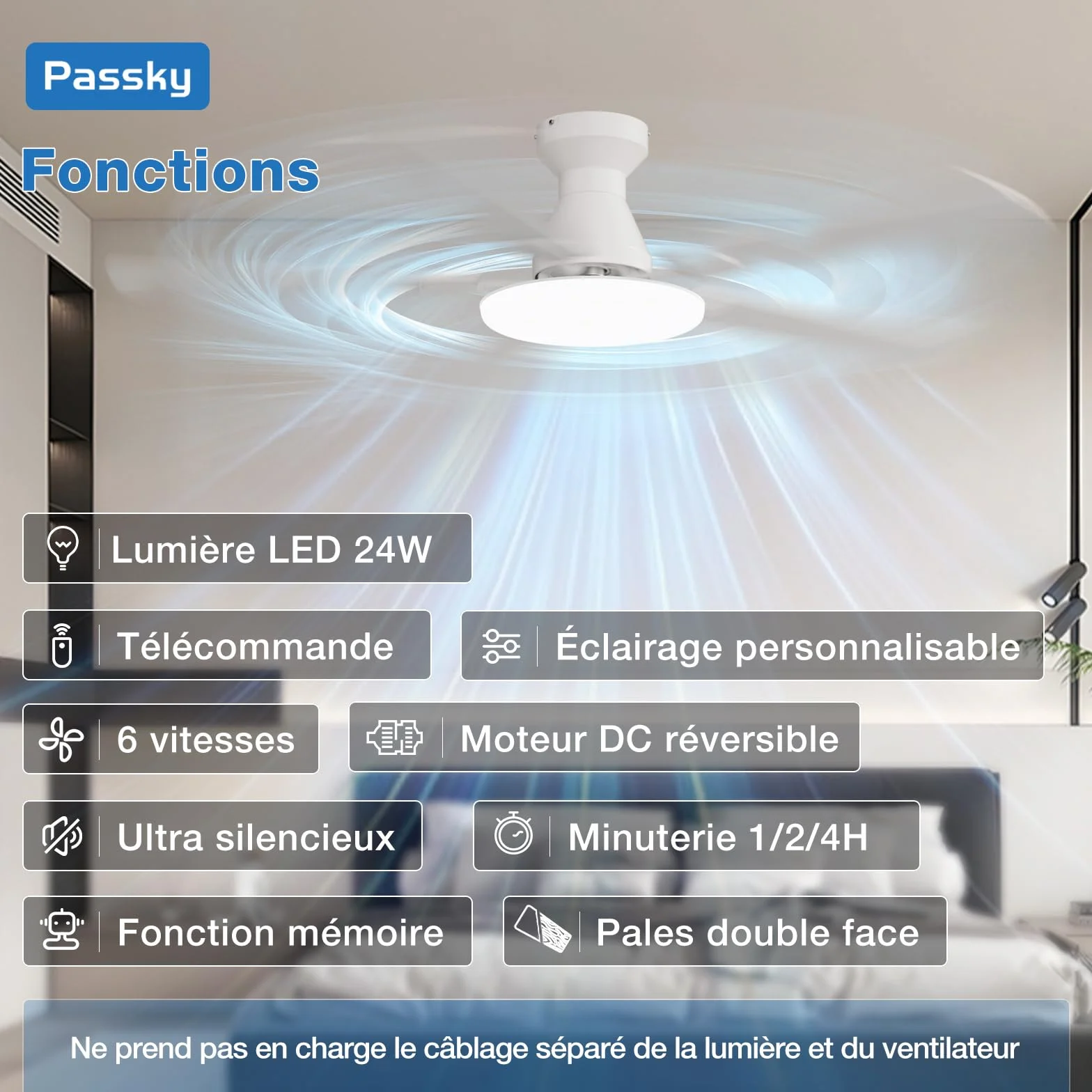 Ventilateur de plafond Passky 132 cm avec éclairage télécommande moteur CC silencieux 5 pales 6 vitesses 3 températures de couleur minuterie blanc