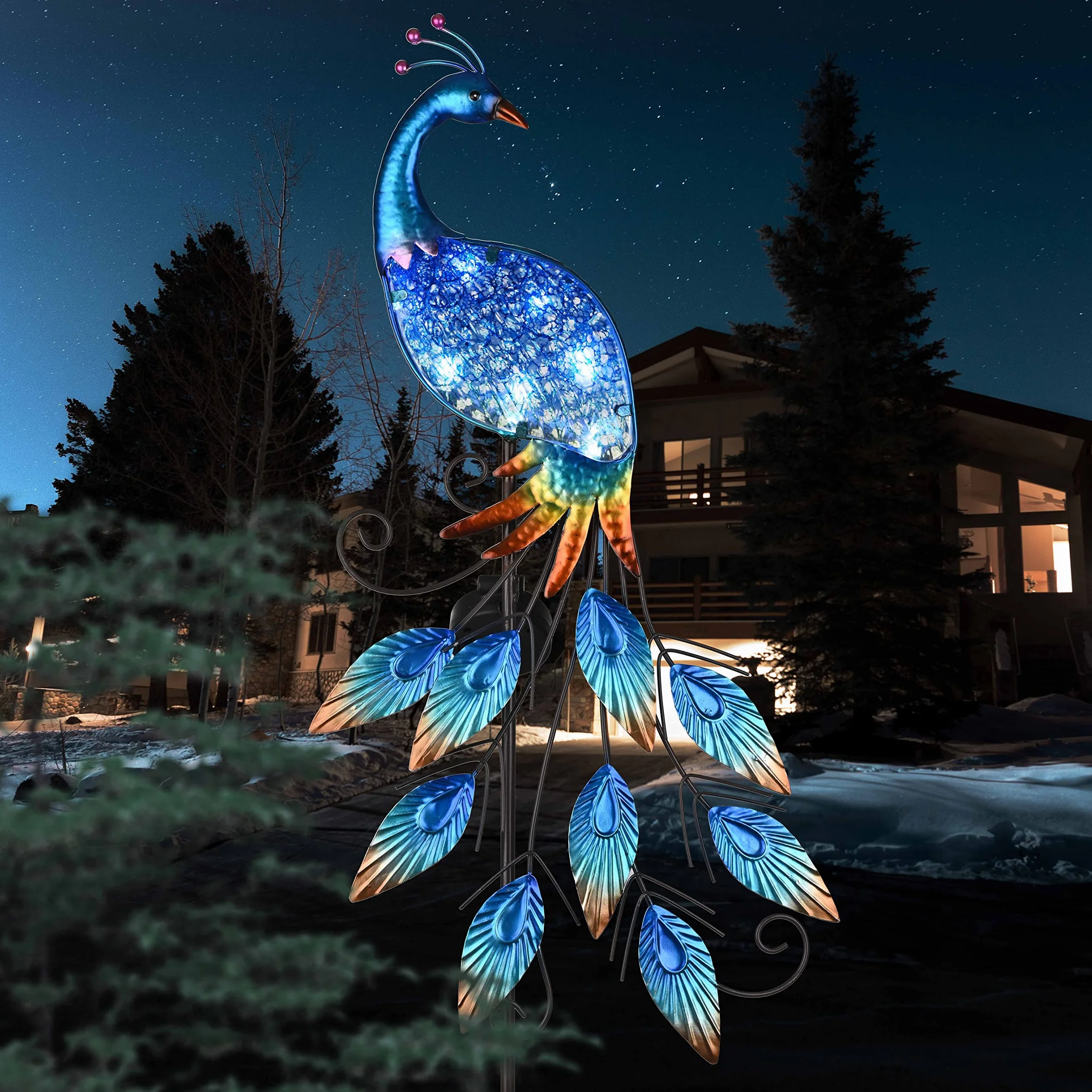 Lampe Solaire Exterieur Jardin Paon en Verre et Métal 102cm Bleu