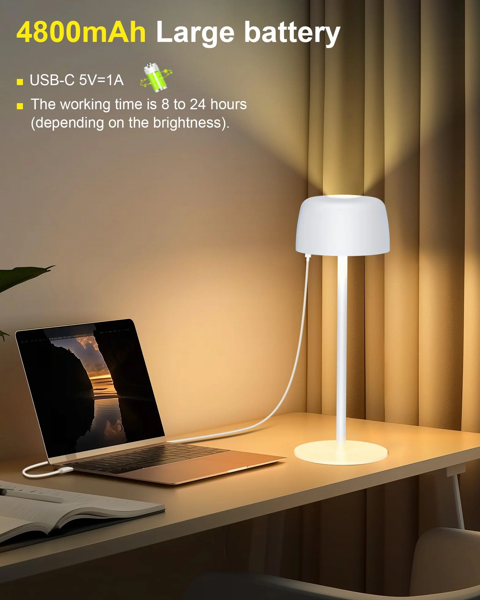 TRUMPETS Lampe de Table LED Sans fil Rechargeable Métal IP54, 3 Couleurs Dimmable Contrôle Tactile