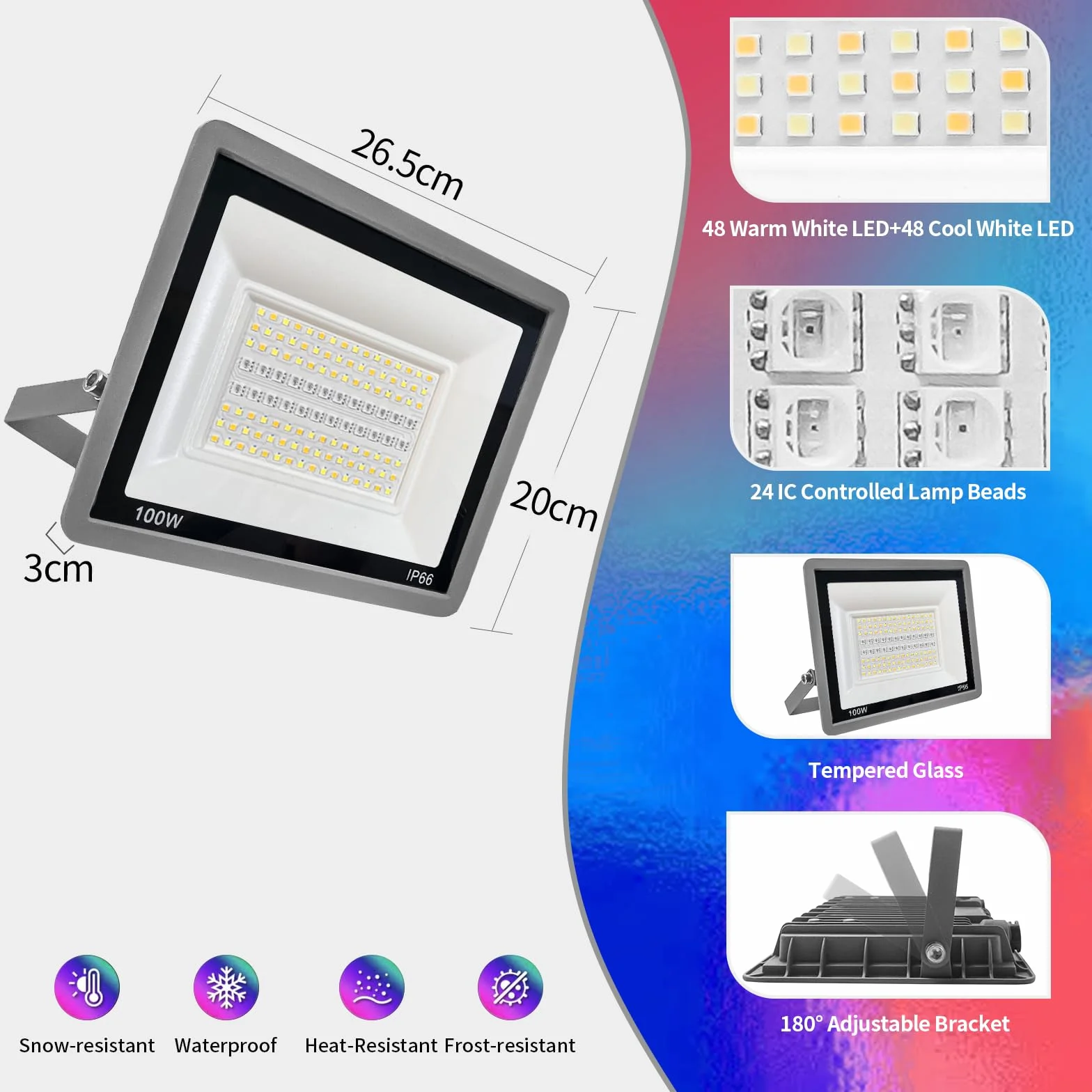 Projecteur LED Extérieur 100W RGB CCT 2700K-6500K IP66 Contrôle APP Musique Sync Minuteur Dimmable