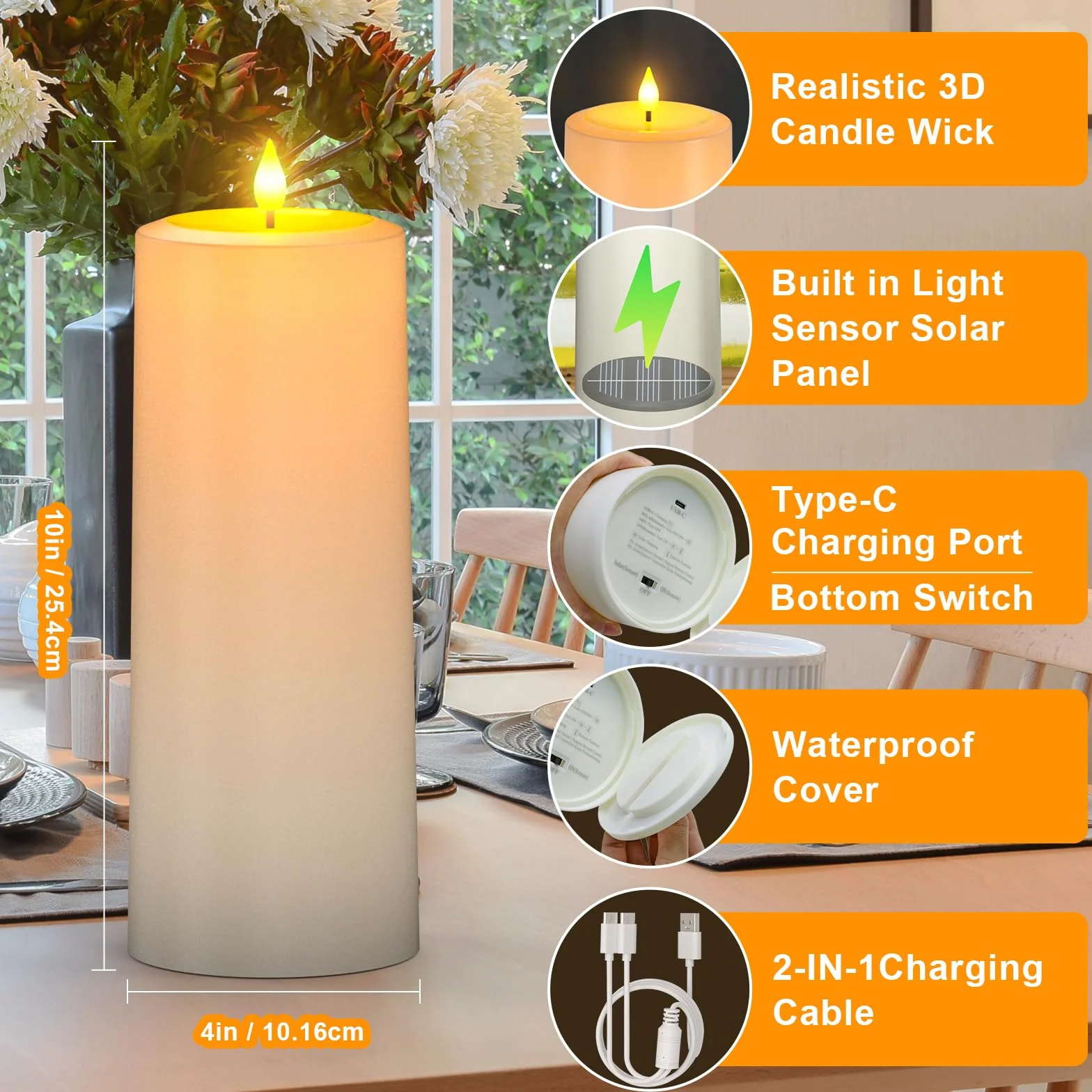 Bougie Pilier Solaire LED Rechargeable 2pcs Imperméable Flamme Vacillante avec Télécommande Extérieur Jardin