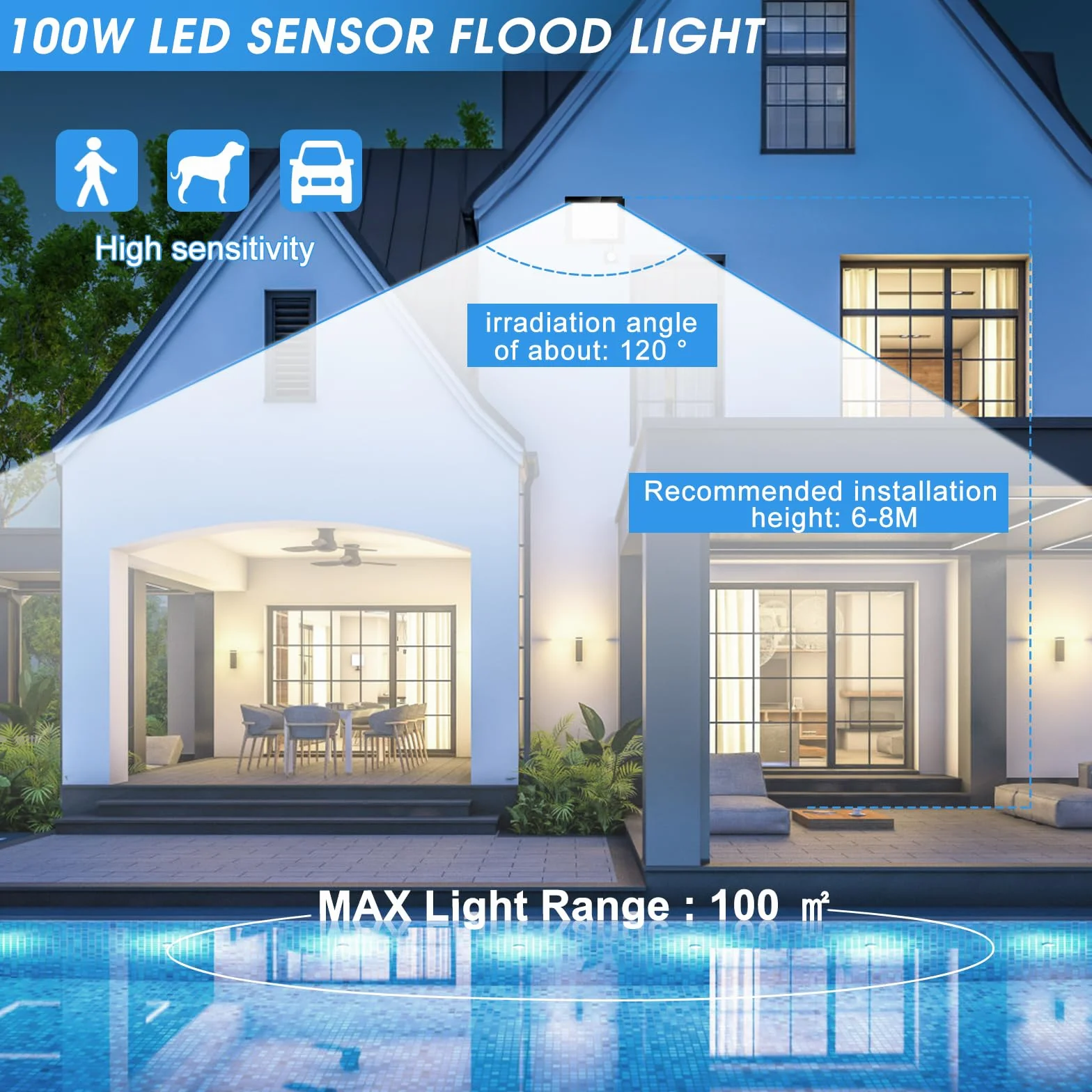 Projecteur LED Extérieur 100W 10000LM Détecteur de Mouvement 7000K IP67