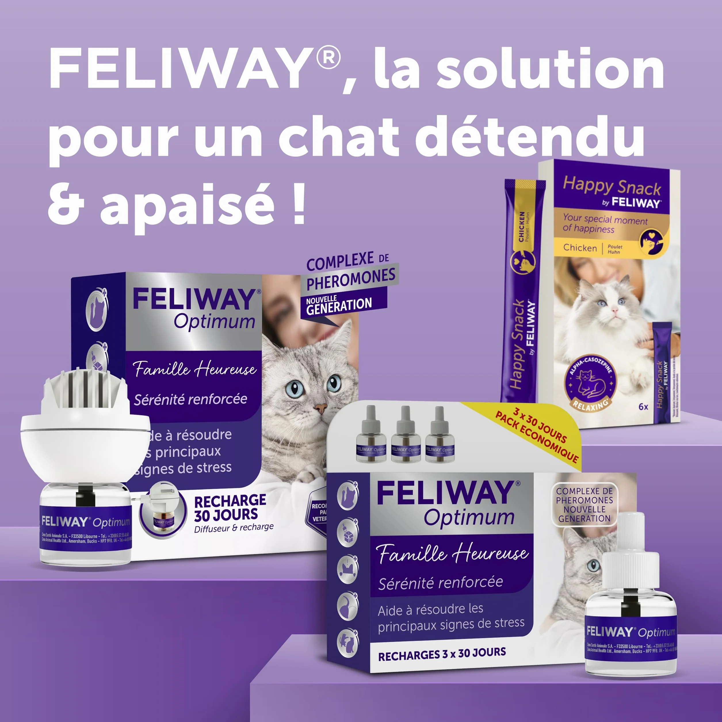 FELIWAY Optimum Anti-Stress pour Chat - Complexe de phéromones apaisantes - Pack économique 3 recharges 3x30 Jours