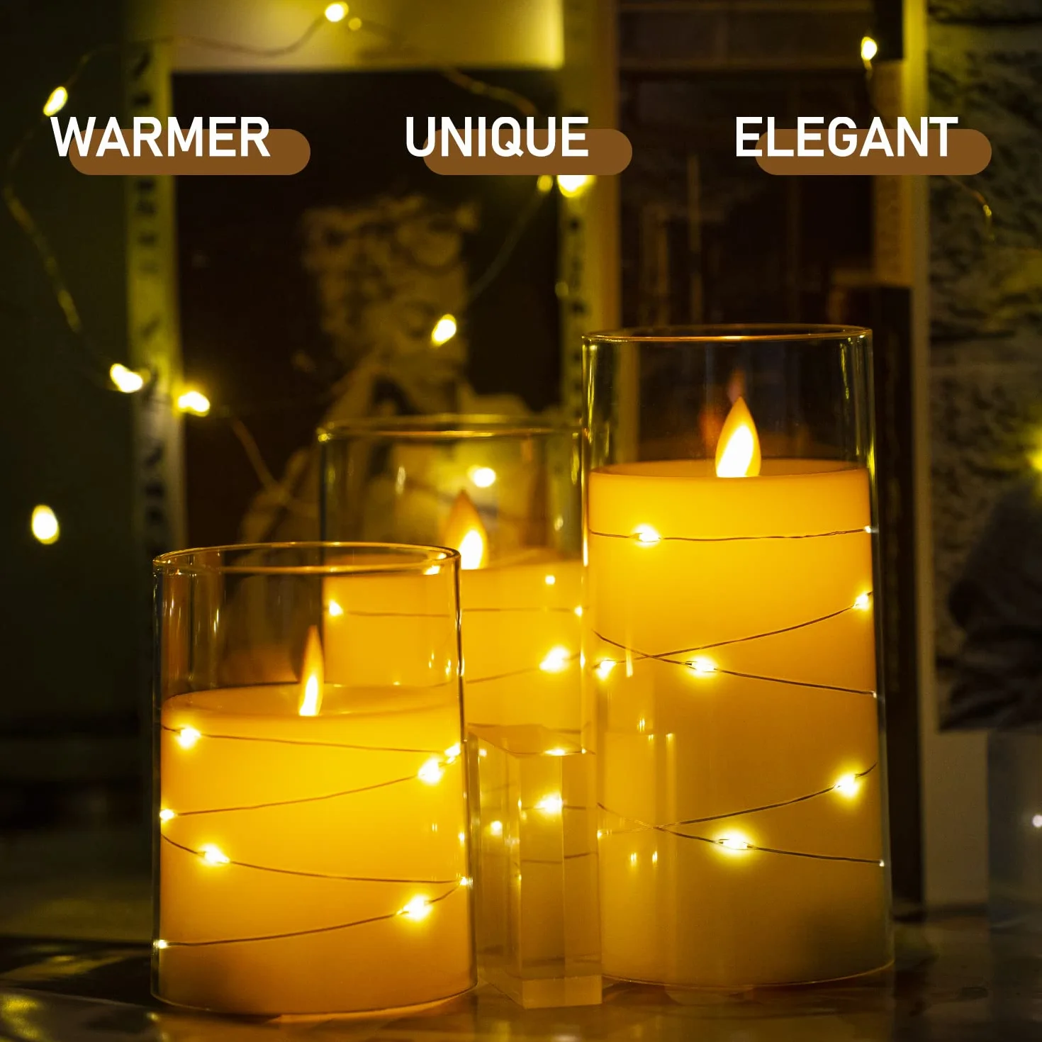 Bougies LED Flamme Vacillante Lot de 3, Bougies à Piles en Verre avec Télécommande et Minuteur, Diamètre 7.6 cm, Hauteur 10.2-15.3 cm, Ivoire