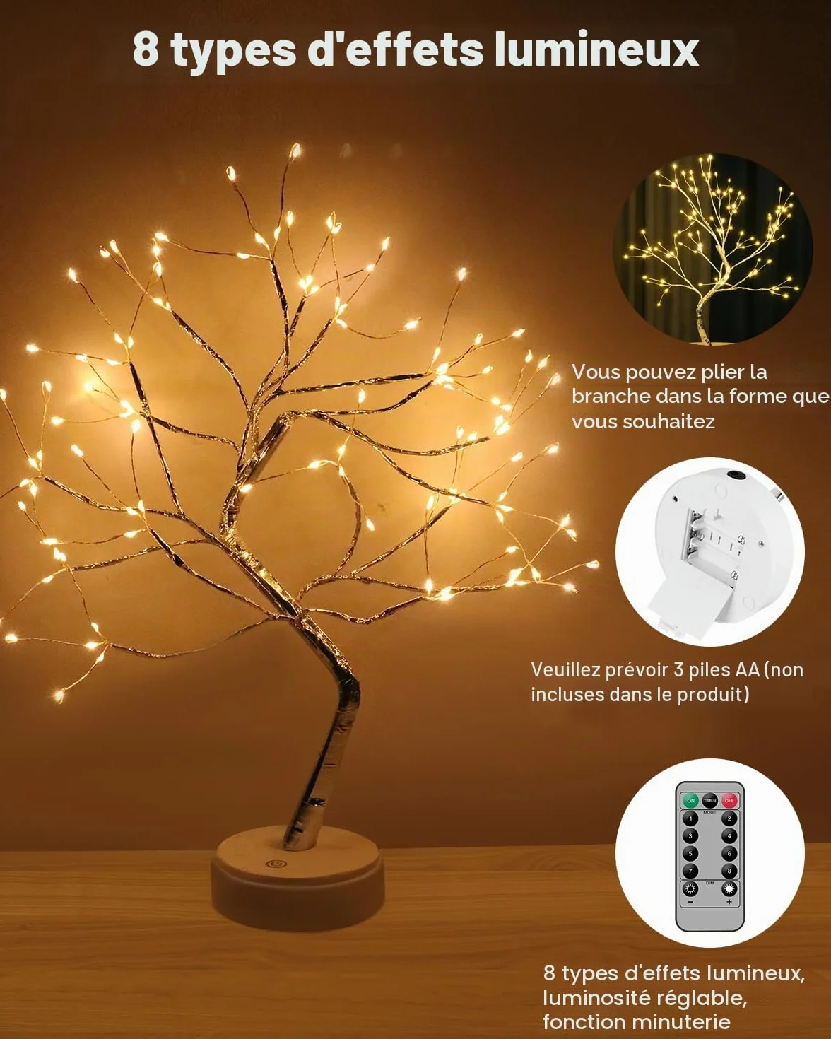 Kinamy Arbre Lumineux LED 8 Modes avec Télécommande USB/Batterie pour Décoration Mariage