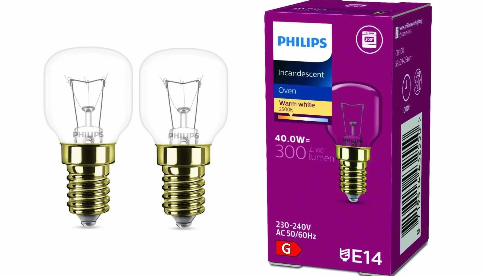 Philips Ampoule E14 40W Forme Goutte Ø29mm Résistante 300°C Lot de 2 Blanc Chaud
