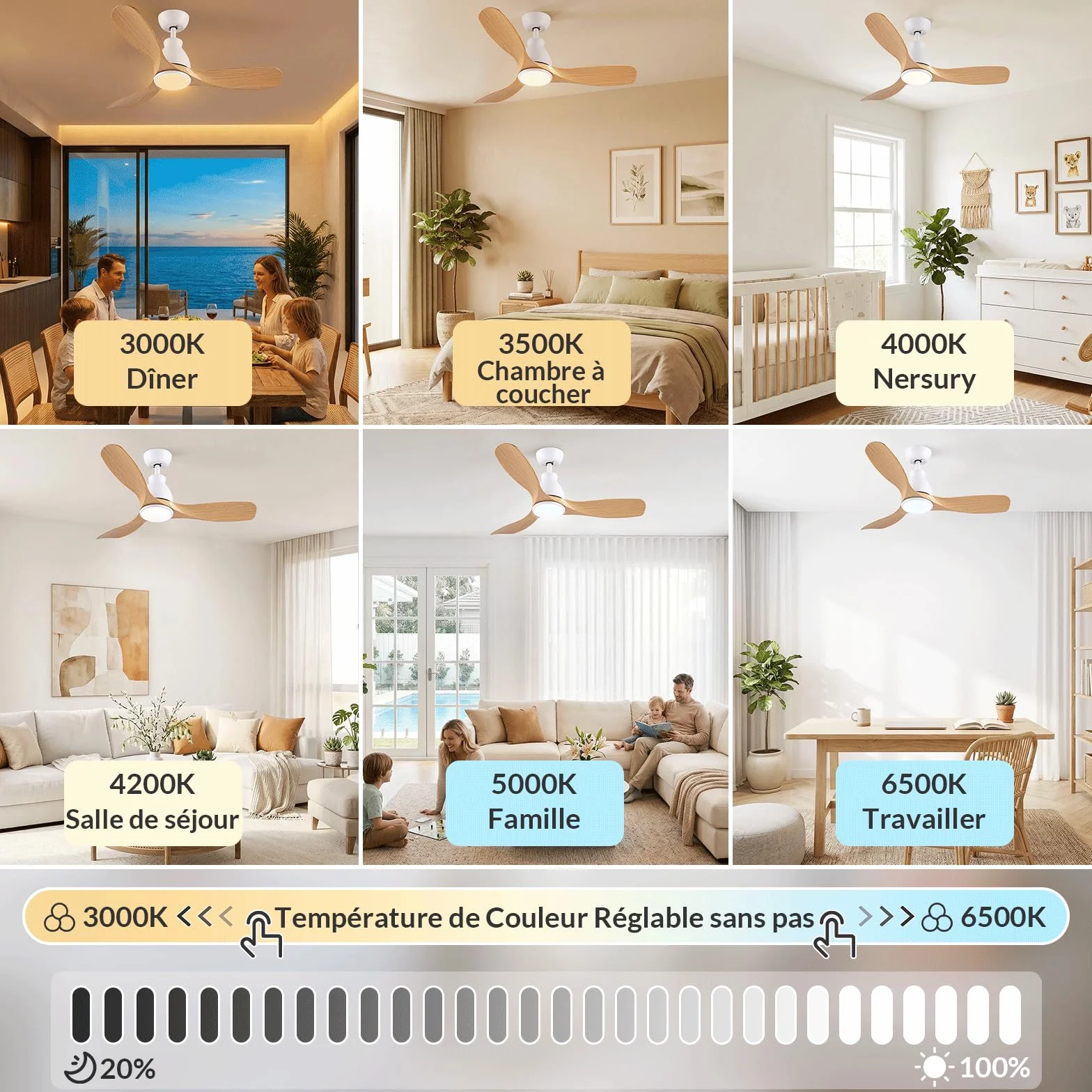 Newday Ventilateur Plafond en Bois 106cm avec Lumiere et Télécommande Silencieux, Moteur DC Réversible, LED Dimmable