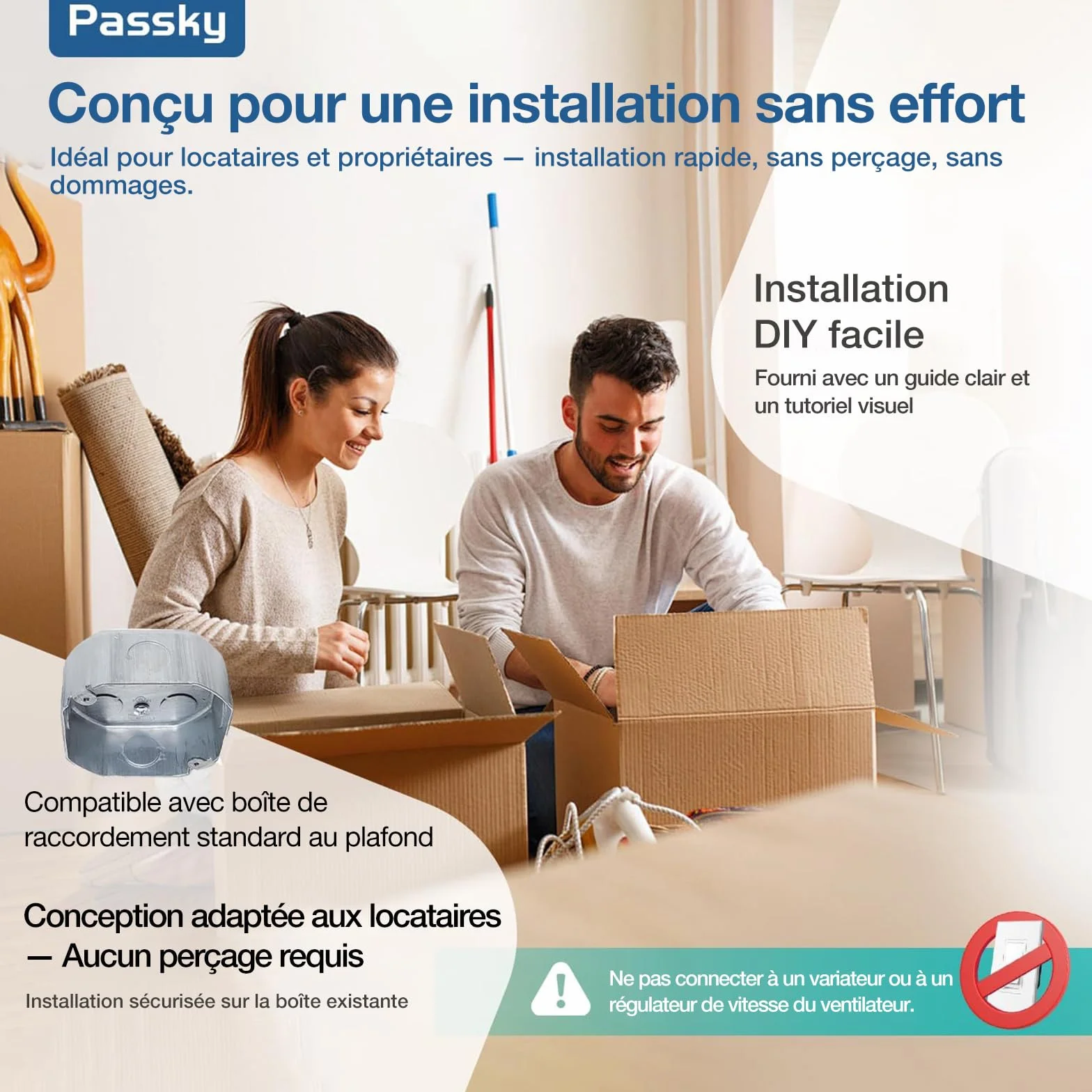 Ventilateur de plafond Passky 132 cm avec éclairage télécommande moteur CC silencieux 5 pales 6 vitesses 3 températures de couleur minuterie blanc