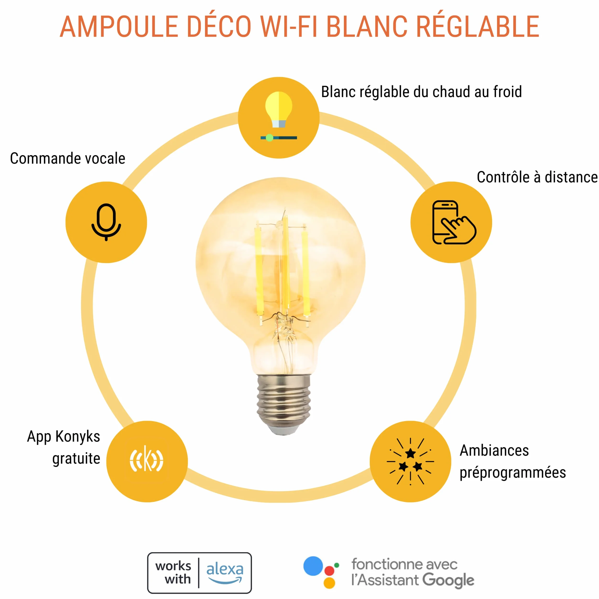 Konyks Ampoule connectée Antalya Style G80 E27 Ambrée Blanc réglable Wi-Fi Bluetooth 7W