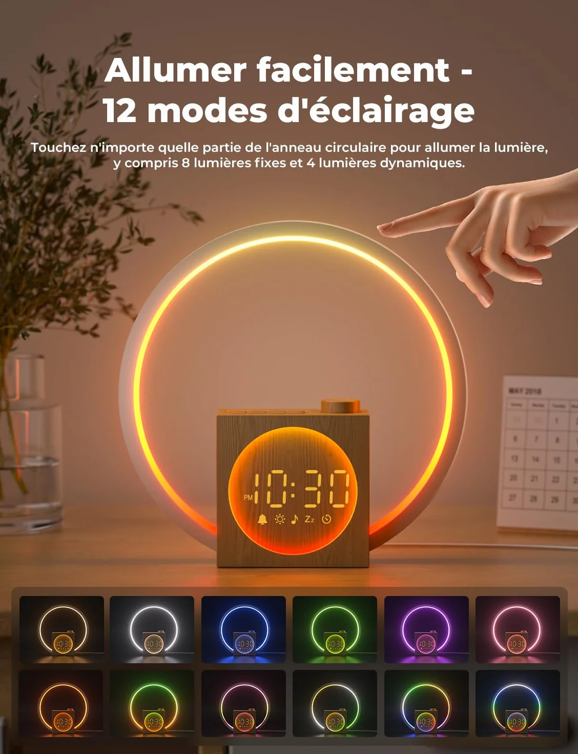 LIORQUE Lampe de Chevet LED avec Réveil Lumineux Simulateur d'Aube, 30 Sons, 20 Niveaux de Luminosité, Minuterie Sommeil 10-480 min