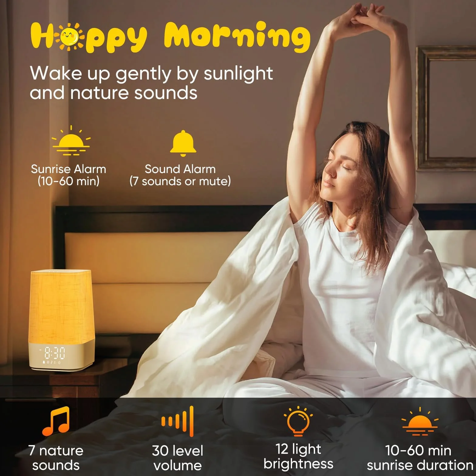 Réveil Lumineux Simulateur d'Aube avec 30 Sons, Lampe de Chevet à Intensité Variable, Charge, Snooze, Minuteur