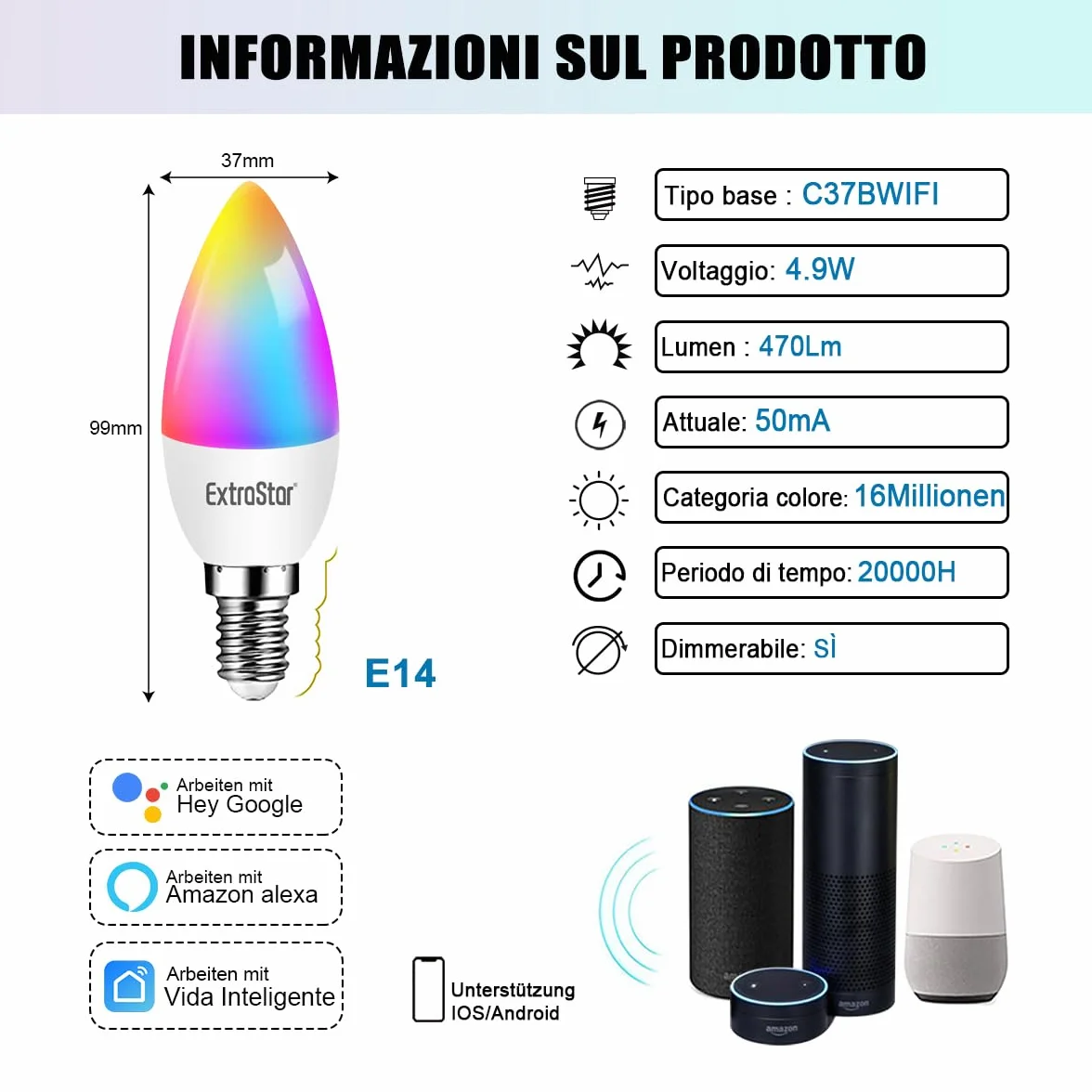 EXTRASTAR Ampoule Connectée WiFi LED E14 5W 470LM 6500K Compatible Alexa Google Home