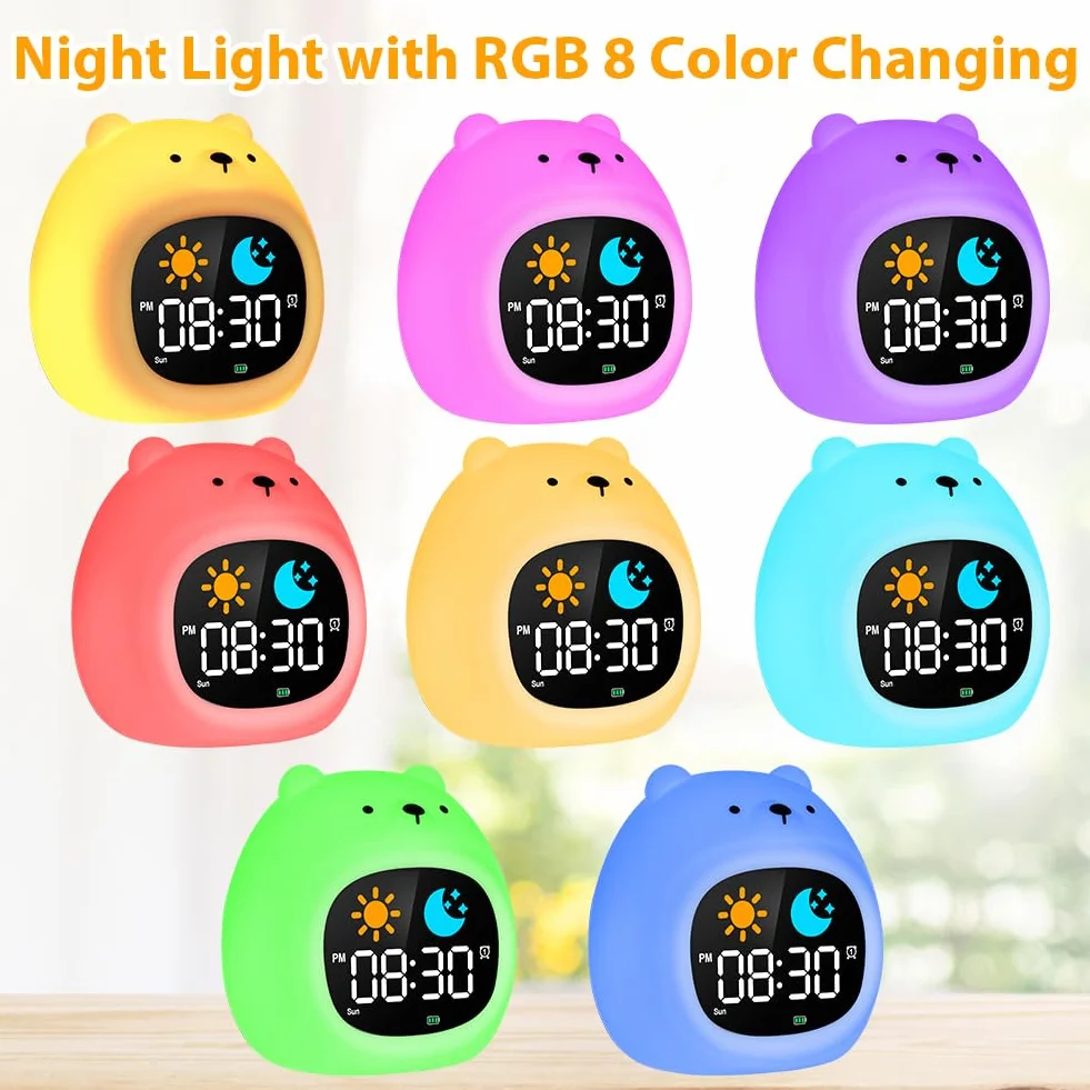 HOTUT Réveil Enfant Éducatif avec Affichage Lune et Soleil, Veilleuse RGB Couleurs, 2-10 Ans Ours
