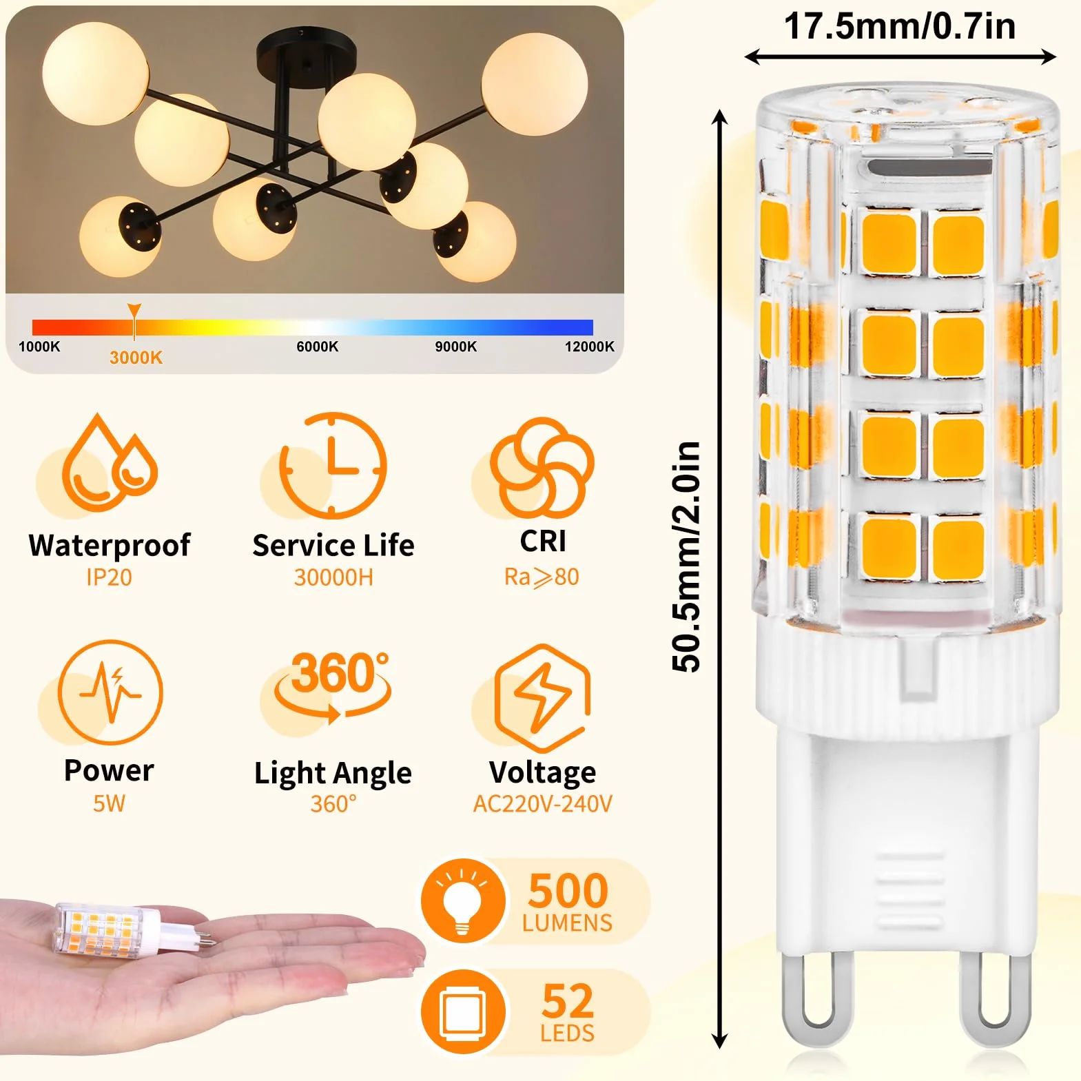 G9 LED Lampe Warmweiß 3000K 5W Ersatz für 30W-40W Halogenlampe 500LM 360° AC 220-240V 8er Set