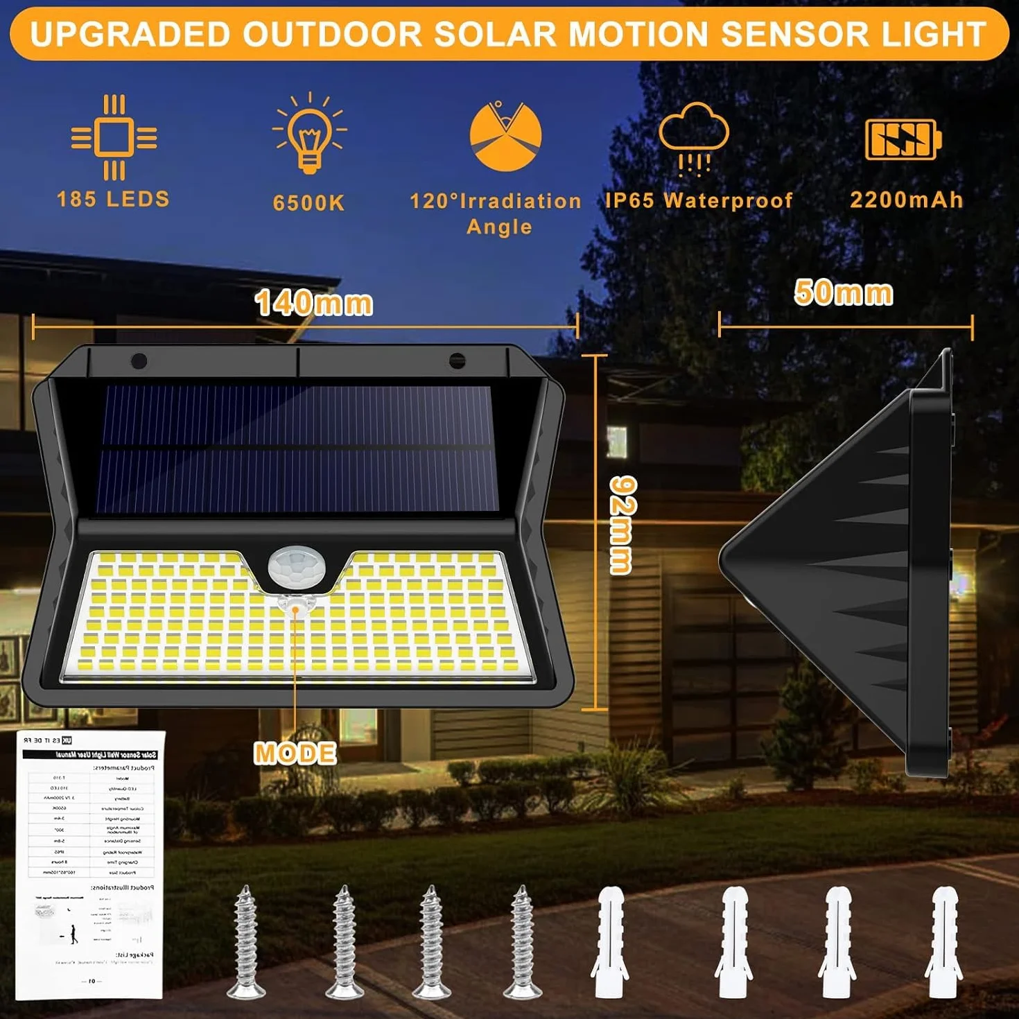OUILA Lampe Solaire Exterieur 185 LED IP65 Etanche avec Detecteur 3 Modes Projecteur Eclairage 2-Pack
