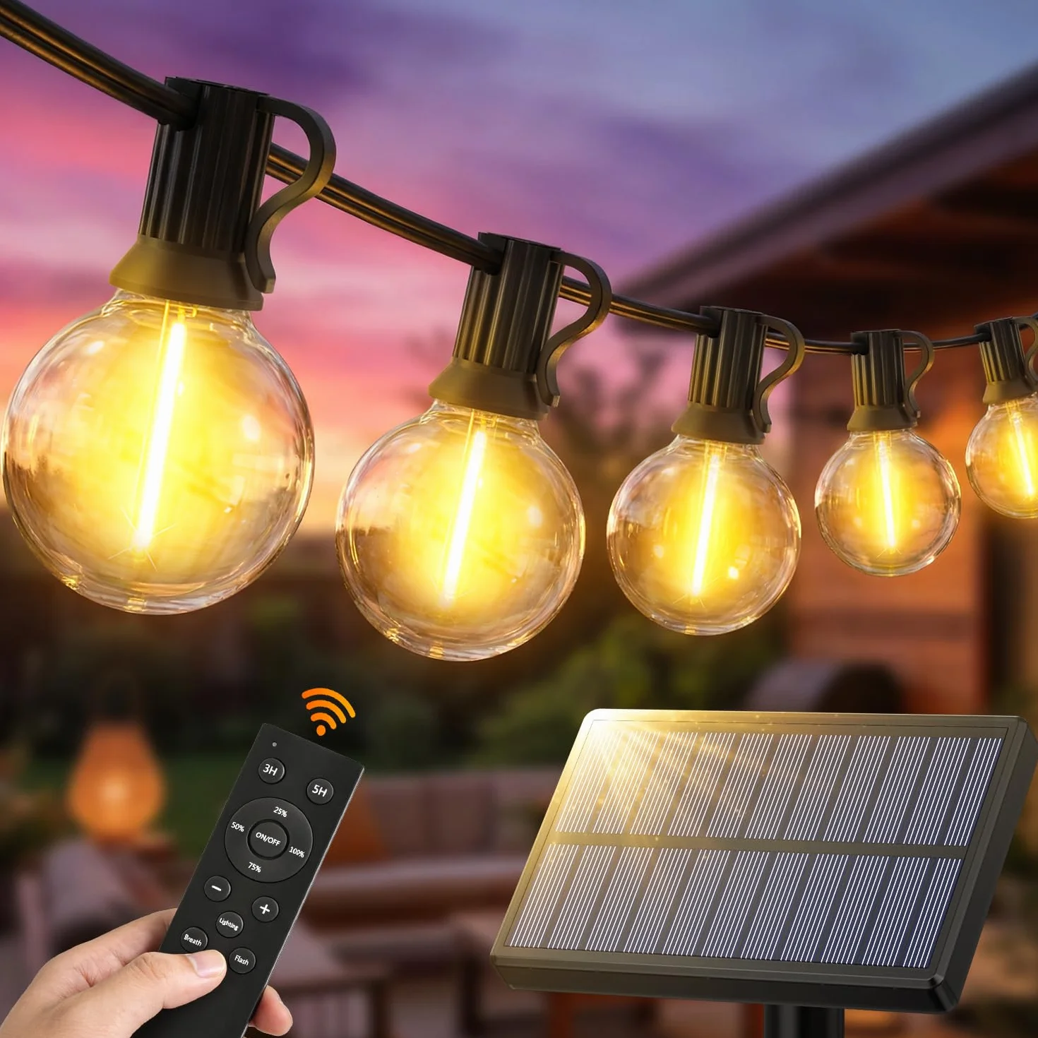 Solaire Remote Guirlande Exterieur Lumineuse 15M G40 LED IP44 Imperméable Jardin Terrasse