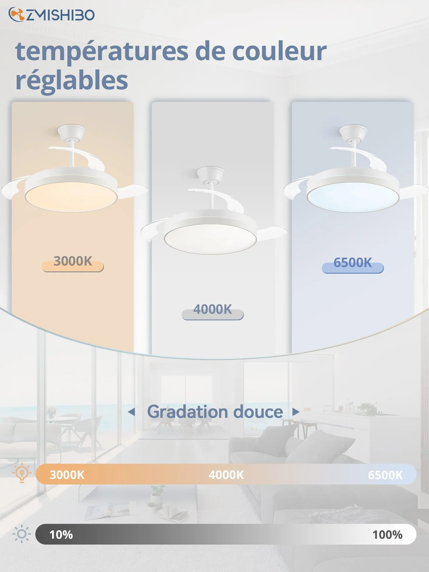 ZMISHIBO Ventilateur de Plafond avec Lumière 107cm, Moteur DC Silencieux, 3000~6000K, 6 Vitesses, Télécommande + APP