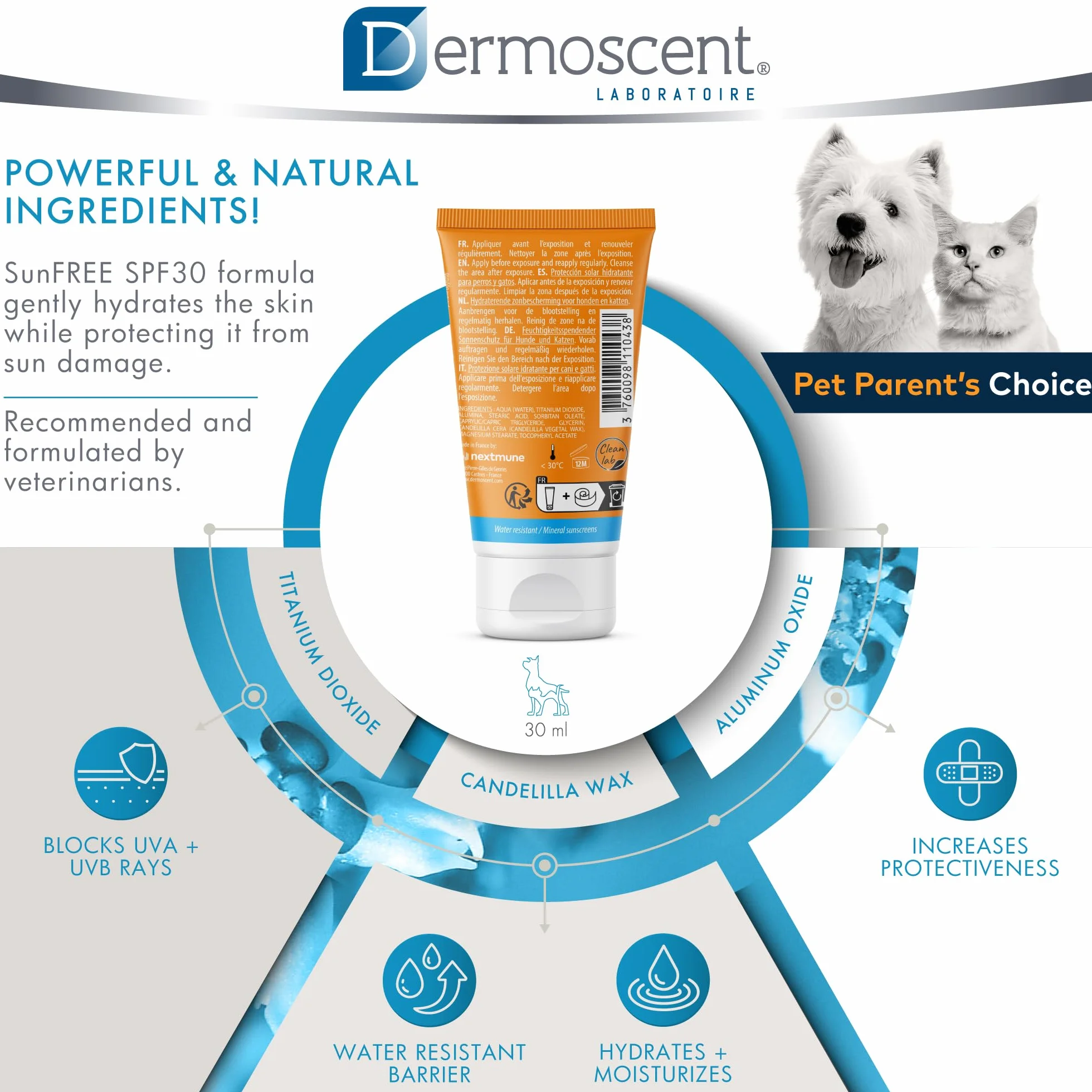 Dermoscent SunFREE SPF30+ Écran Solaire Hydratant Protection Minérale Non Grasse Résistant à l'Eau 30 ml