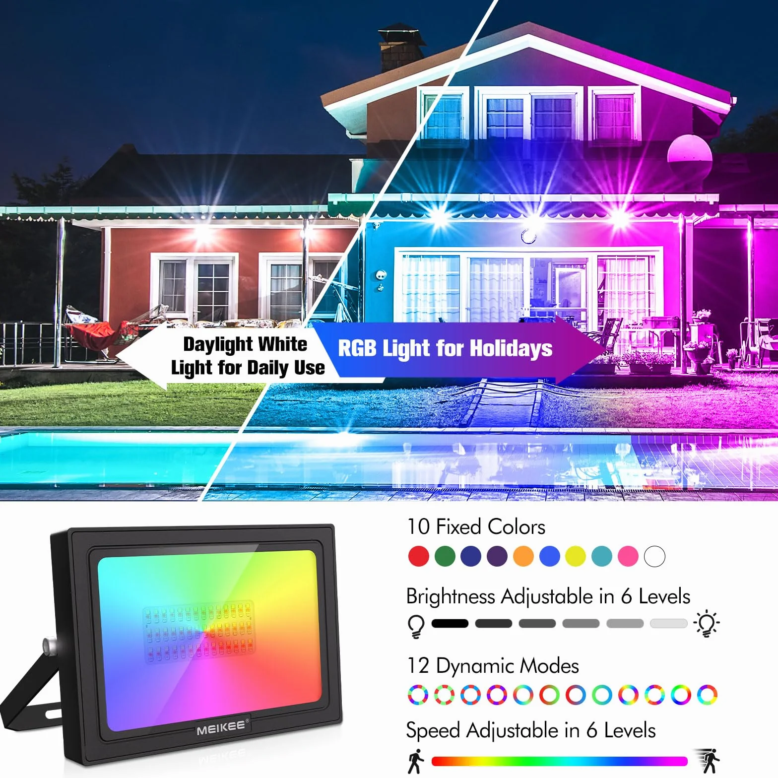 Projecteur LED RGB Exterieur 60W IP66 MEIKEE 10 Couleurs 12 Modes avec Télécommande