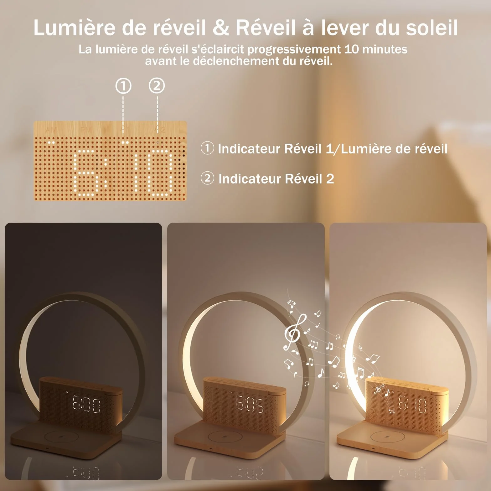 Réveil lumineux lampe de chevet rechargeable variateur tactile 10 sons naturels